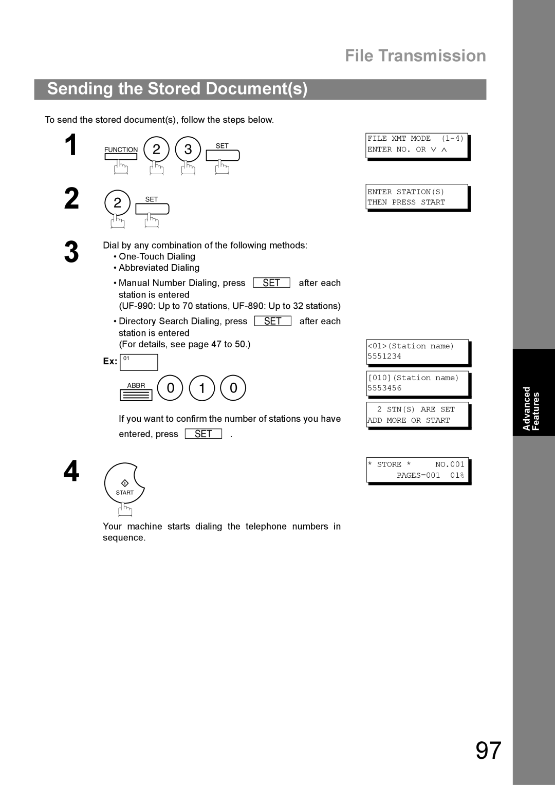 Panasonic UF-890/990 File Transmission, Sending the Stored Documents, To send the stored documents, follow the steps below 