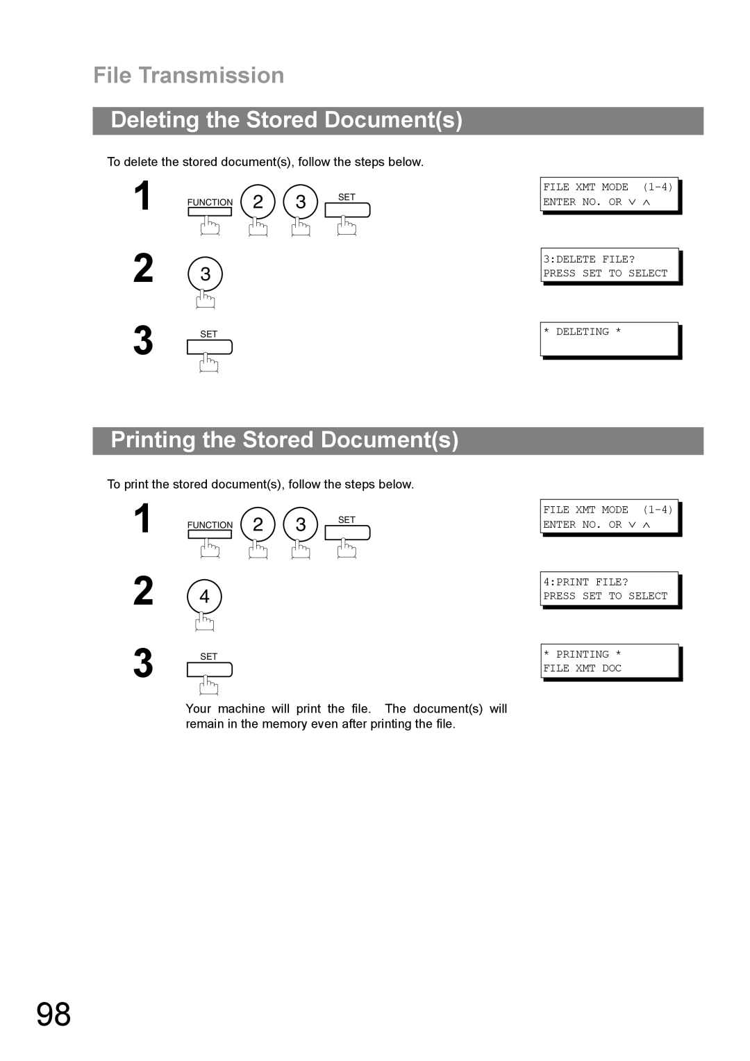 Panasonic UF-890/990 appendix Deleting the Stored Documents, Printing the Stored Documents 