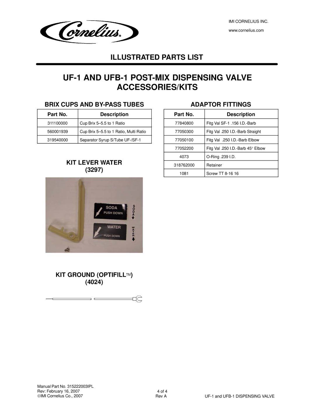 Panasonic manual UF-1 and UFB-1 POST-MIX Dispensing Valve ACCESSORIES/KITS, Description 