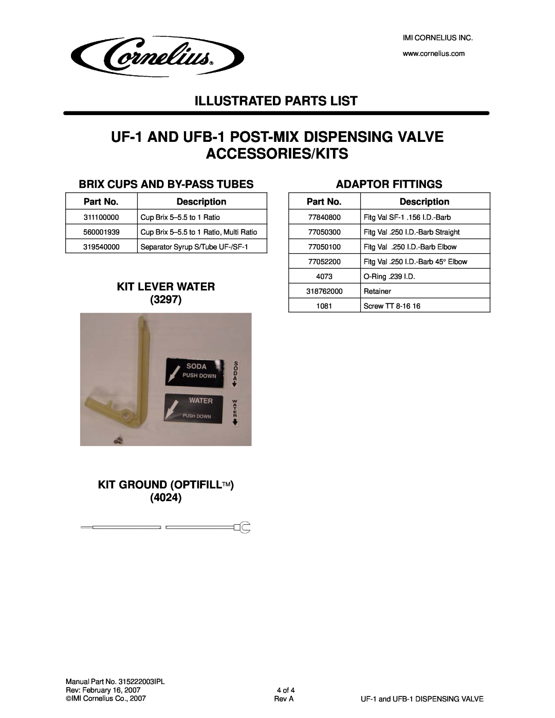Panasonic Accessories/Kits, UF-1AND UFB-1 POST-MIXDISPENSING VALVE, Illustrated Parts List, Brix Cups And By-Passtubes 