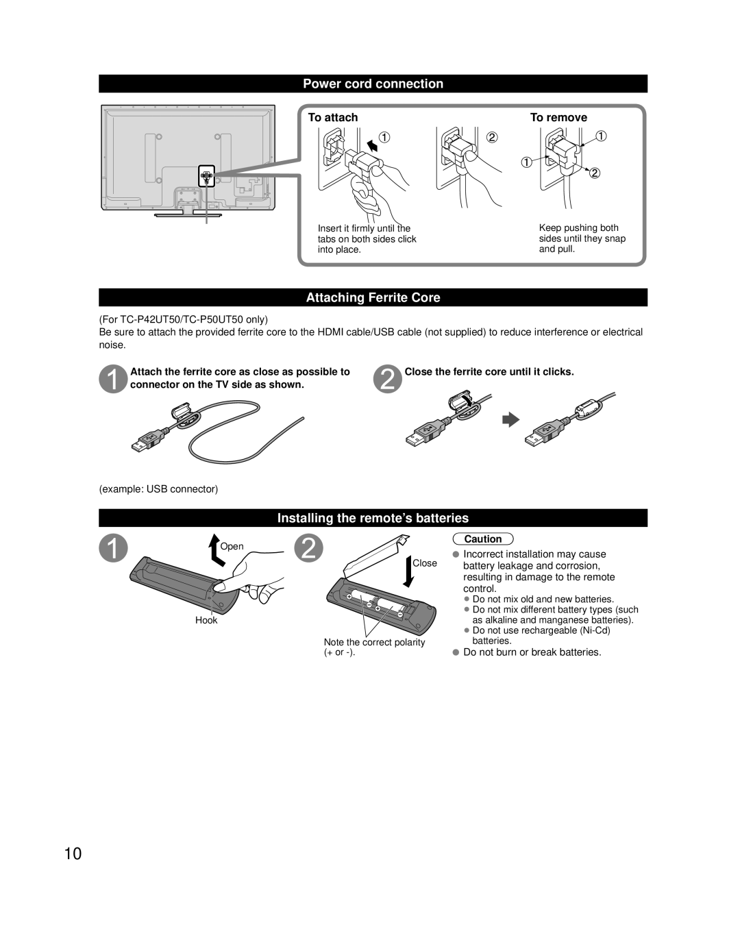 Panasonic TC-P60UT50 Power cord connection, Attaching Ferrite Core, Installing the remote’s batteries, To attach To remove 