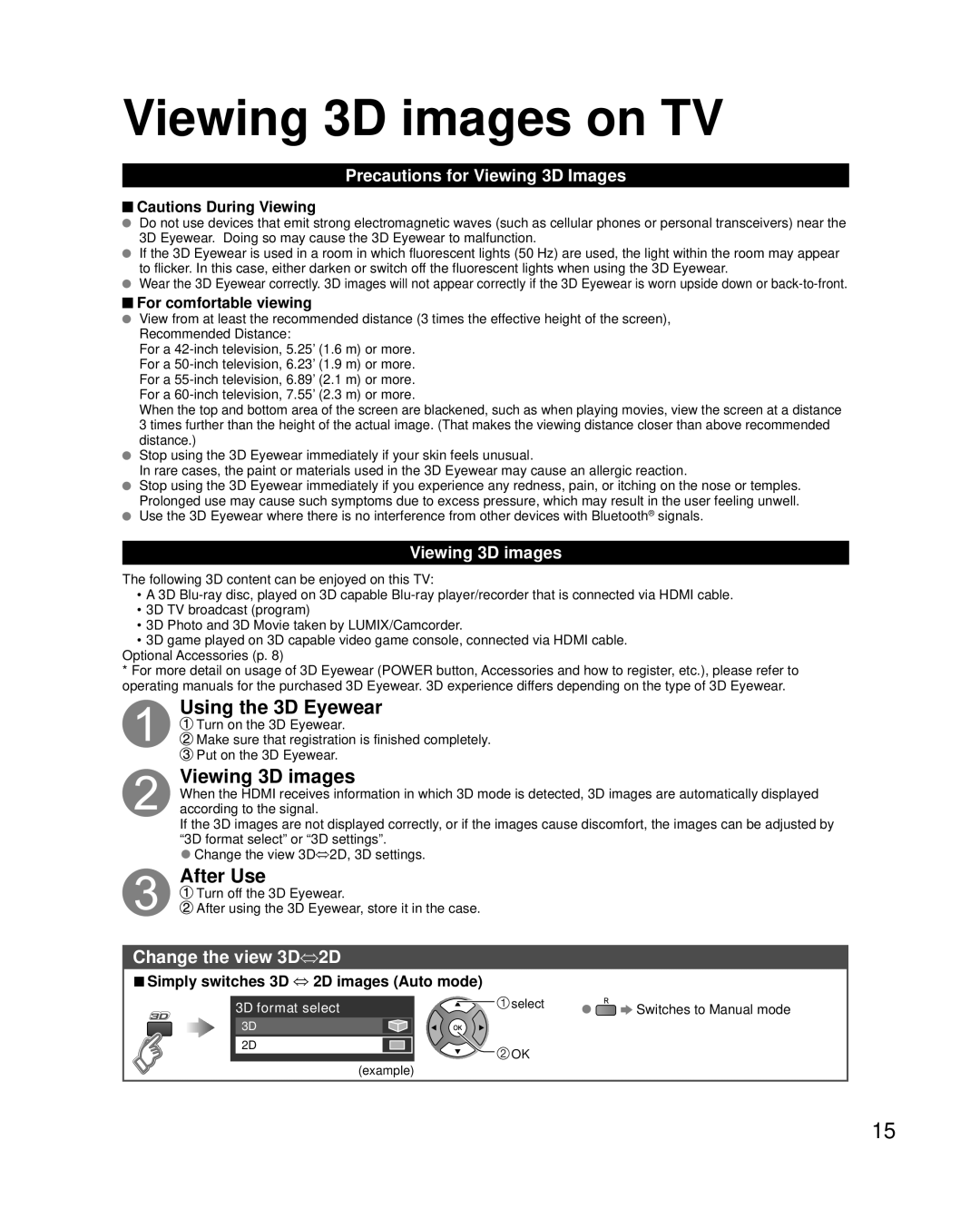 Panasonic TC-P55UT50, TC-P50UT50 Viewing 3D images on TV, Precautions for Viewing 3D Images, For comfortable viewing 