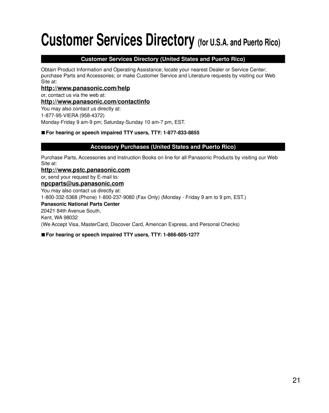 Panasonic TC-P55UT50, TCP60UT50 Customer Services Directory United States and Puerto Rico, Panasonic National Parts Center 