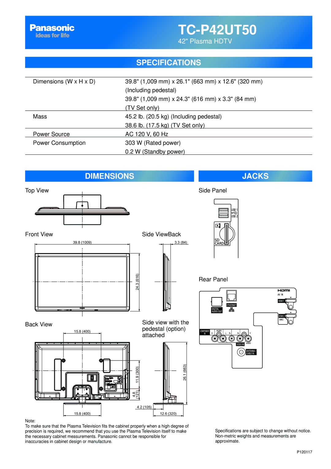 Panasonic TCP60UT50, TC-P50UT50, TC-P55UT50, TC-P60UT50 owner manual TC-P42UT50 