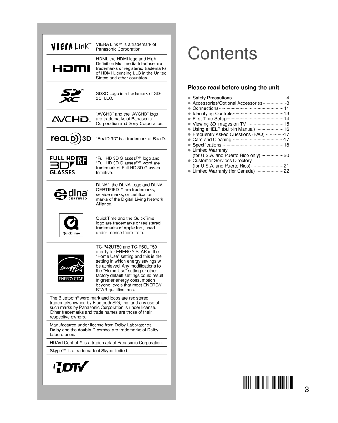 Panasonic TC-P55UT50, TC-P50UT50, TC-P42UT50, TC-P60UT50, TCP60UT50 owner manual Contents 