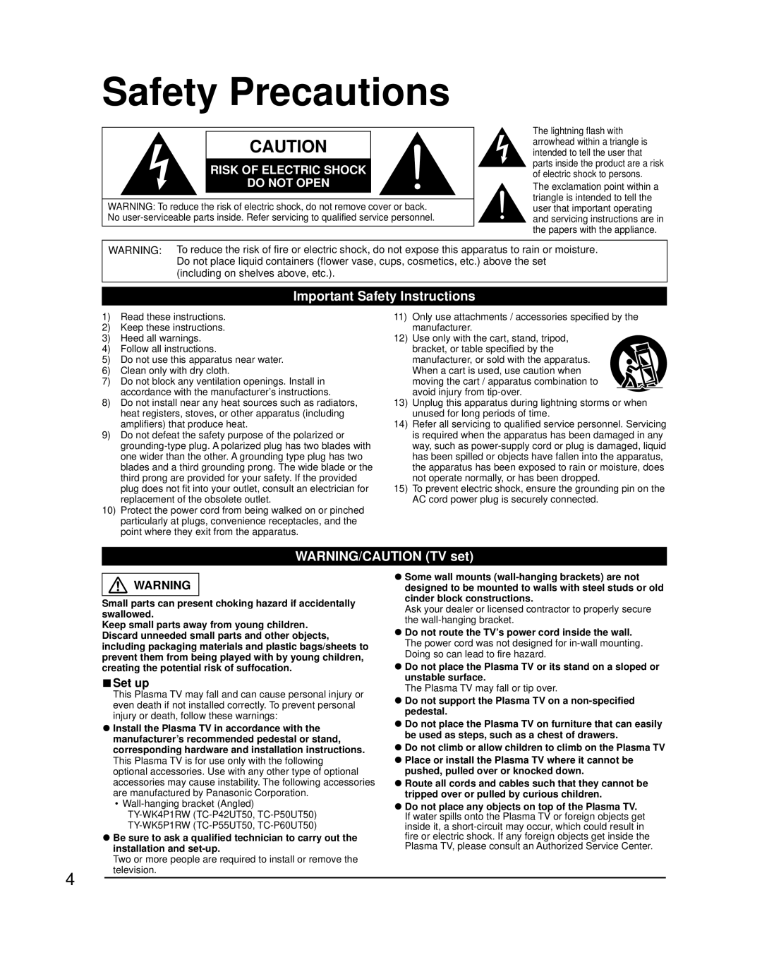 Panasonic TC-P60UT50, TC-P50UT50, TC-P42UT50, TC-P55UT50, TCP60UT50 Safety Precautions, Important Safety Instructions 