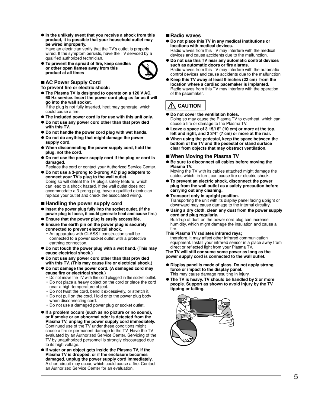 Panasonic TCP60UT50 AC Power Supply Cord, Handling the power supply cord, Radio waves, When Moving the Plasma TV 