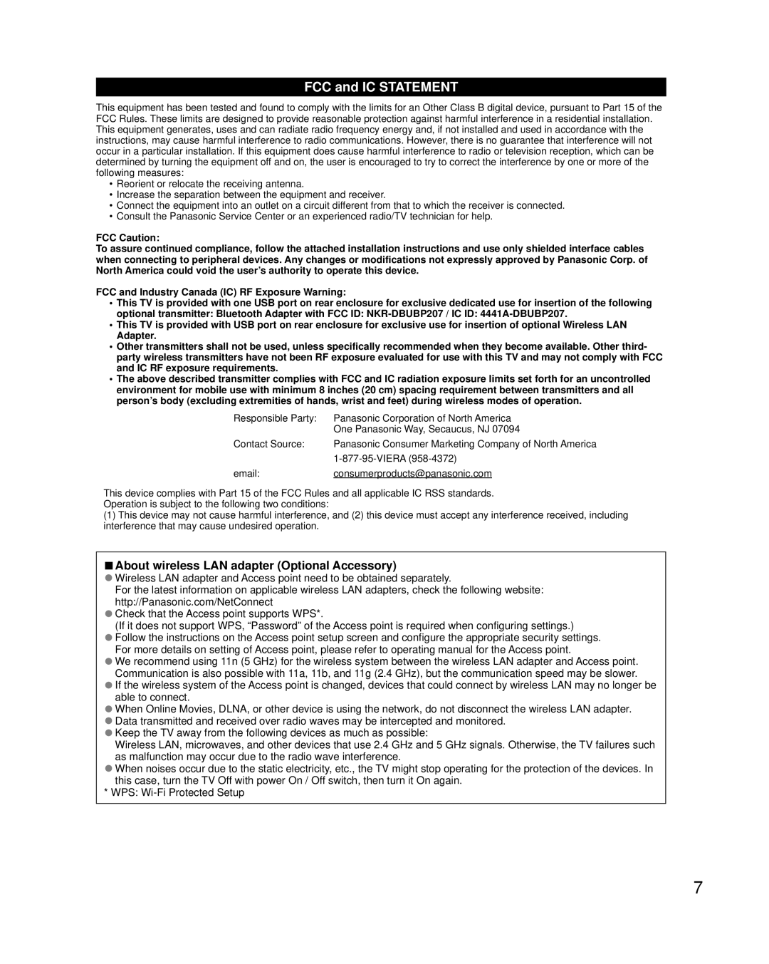 Panasonic TC-P50UT50, TC-P42UT50, TC-P55UT50, TC-P60UT50 FCC and IC Statement, About wireless LAN adapter Optional Accessory 