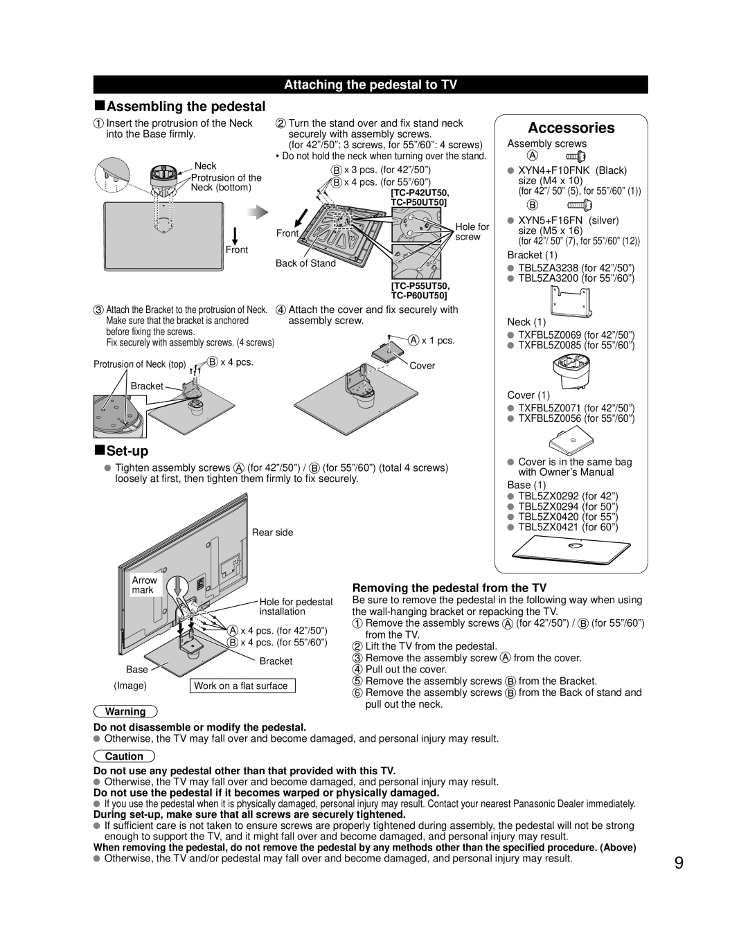 Panasonic TC-P55UT50, TC-P50UT50, TC-P42UT50, TC-P60UT50 Attaching the pedestal to TV, Removing the pedestal from the TV 