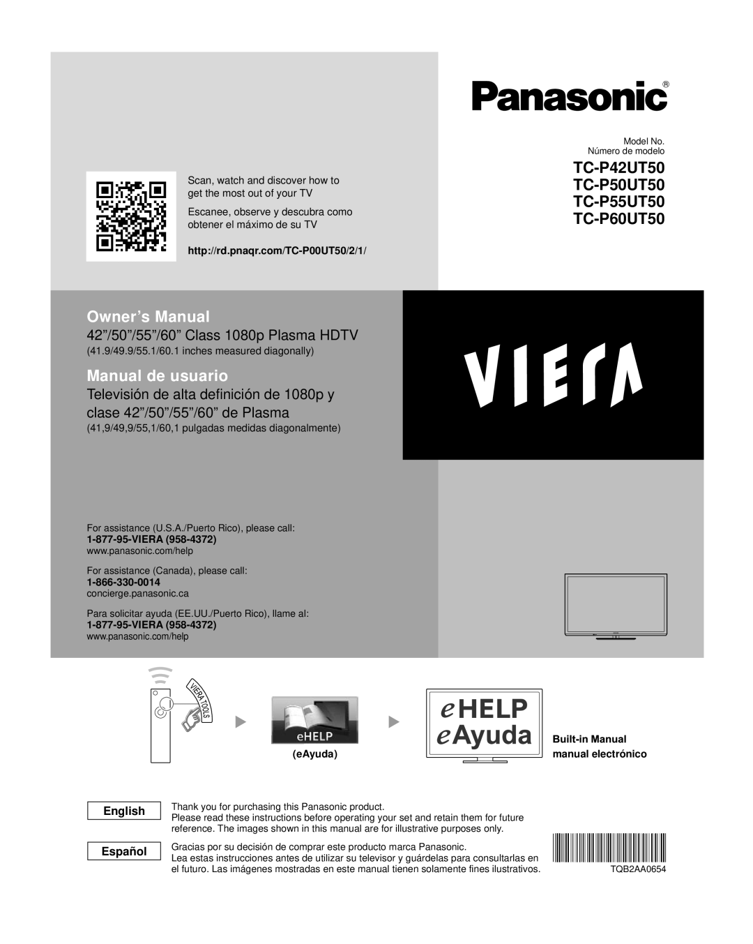 Panasonic TC-P50UT50 owner manual 42”/50”/55”/60” Class 1080p Plasma HDTV, Owner’s Manual, Manual de usuario, Viera 
