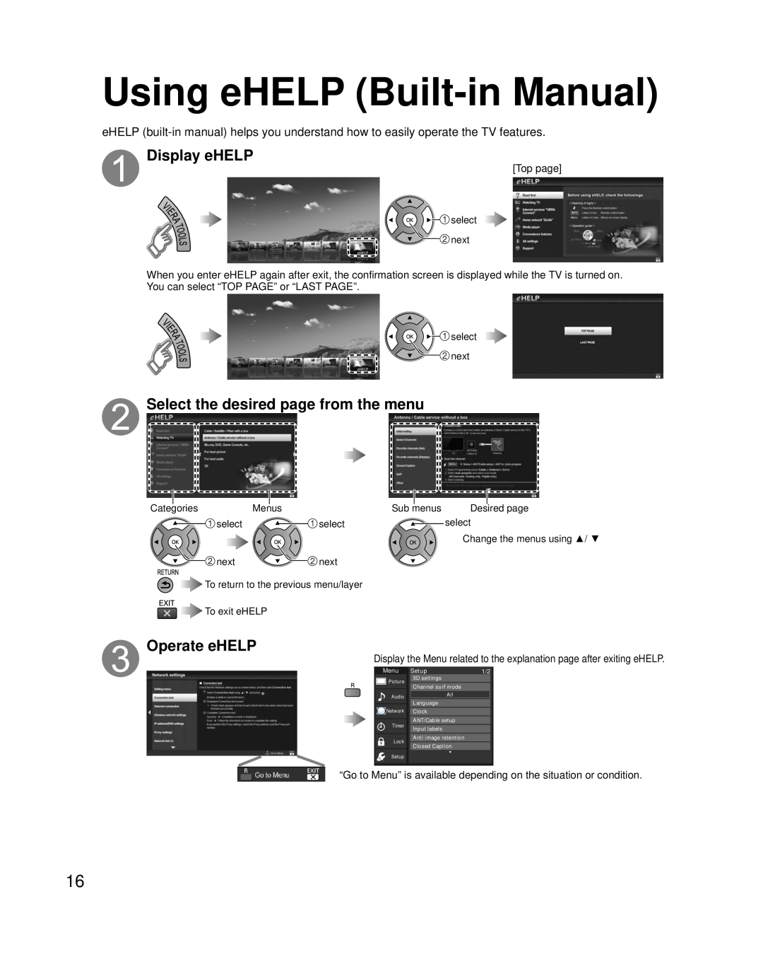 Panasonic TC-P60UT50 Using eHELP Built-in Manual, Display eHELP, Select the desired page from the menu, Operate eHELP 