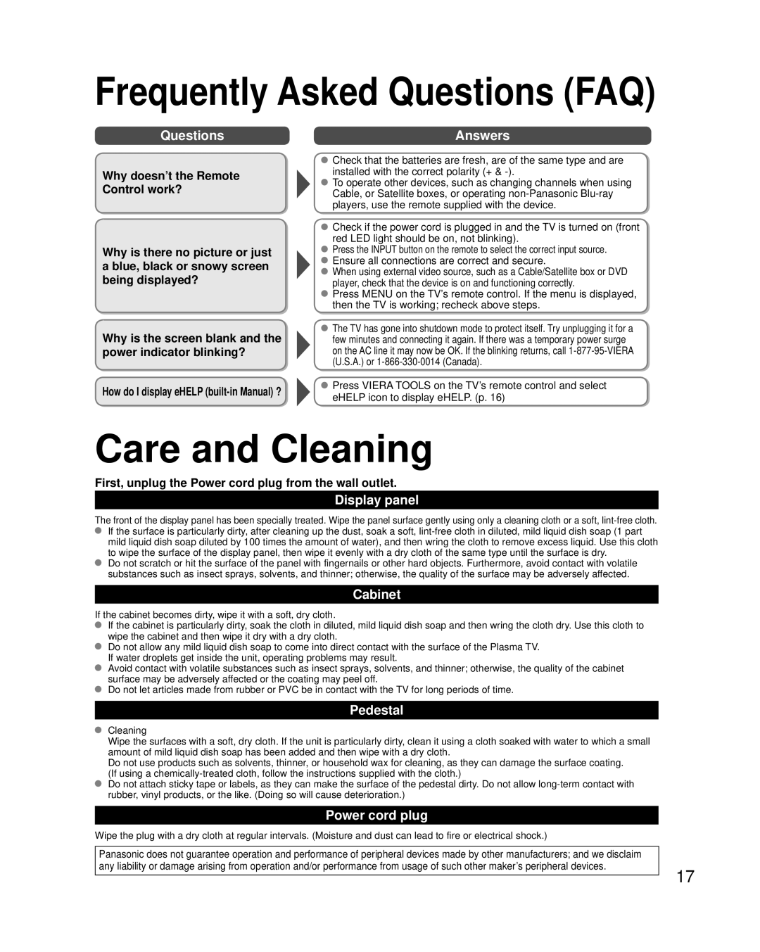 Panasonic TCP60UT50 Care and Cleaning, Frequently Asked Questions FAQ, Answers, Display panel, Cabinet, Pedestal 