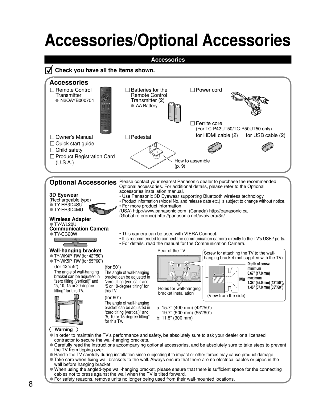 Panasonic TC-P42UT50 Accessories/Optional Accessories, Check you have all the items shown, 3D Eyewear, Wireless Adapter 