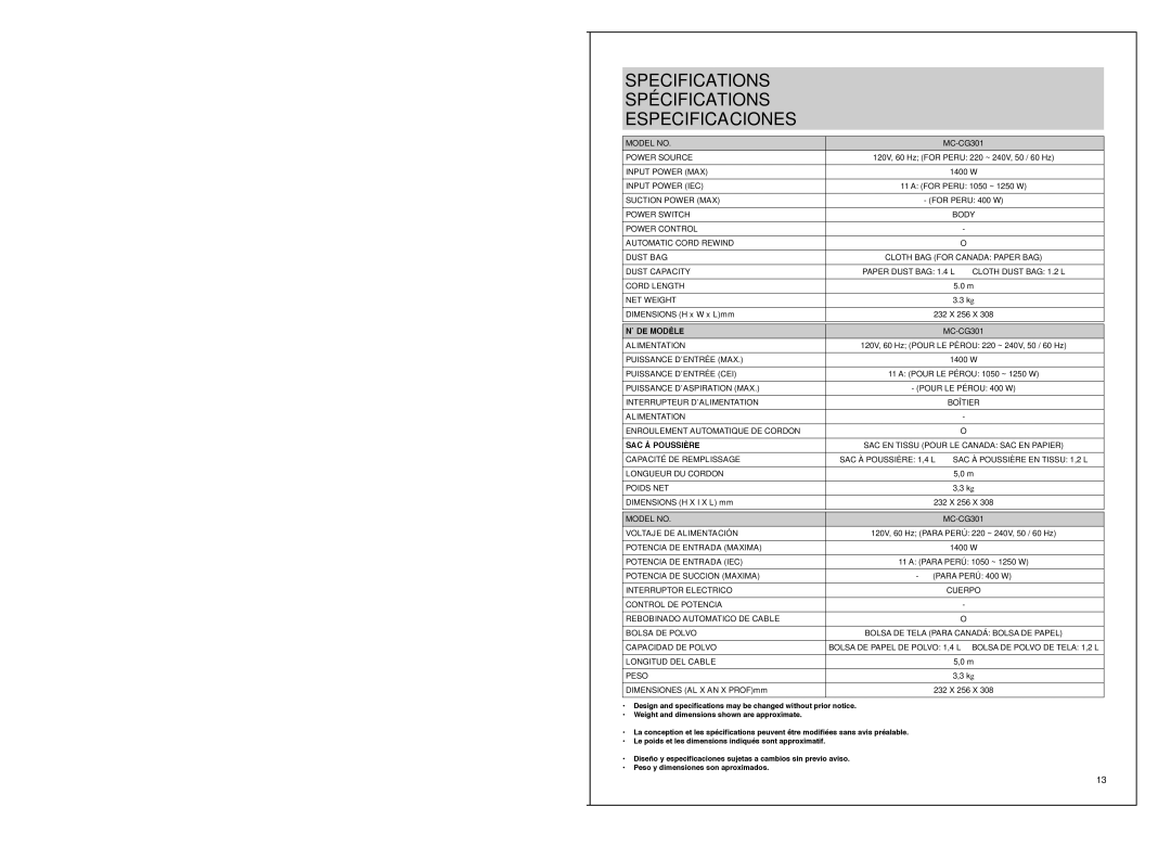 Panasonic V01Z9L00U operating instructions Specifications Spécifications Especificaciones 