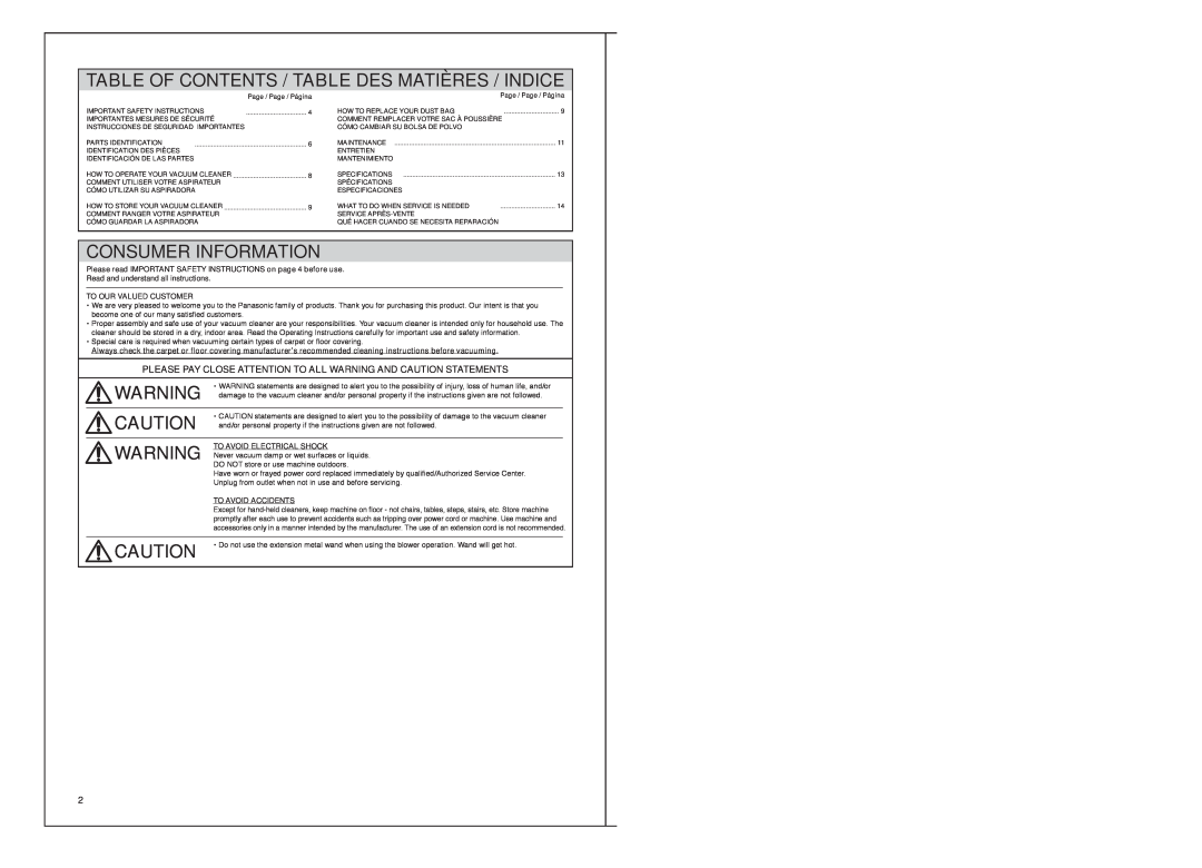 Panasonic V01Z9L00U Table Of Contents / Table Des Matières / Indice, Consumer Information, To Our Valued Customer 