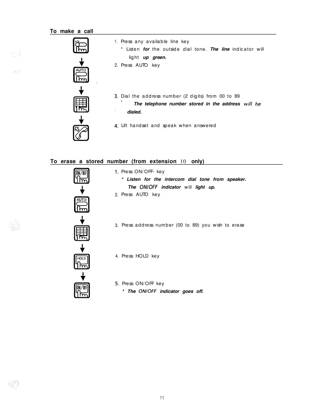 Panasonic VA-12022B, VA-824, VA-30940D, VA-30920, VA-30910 To make a call, To erase a stored number from extension 10 only 