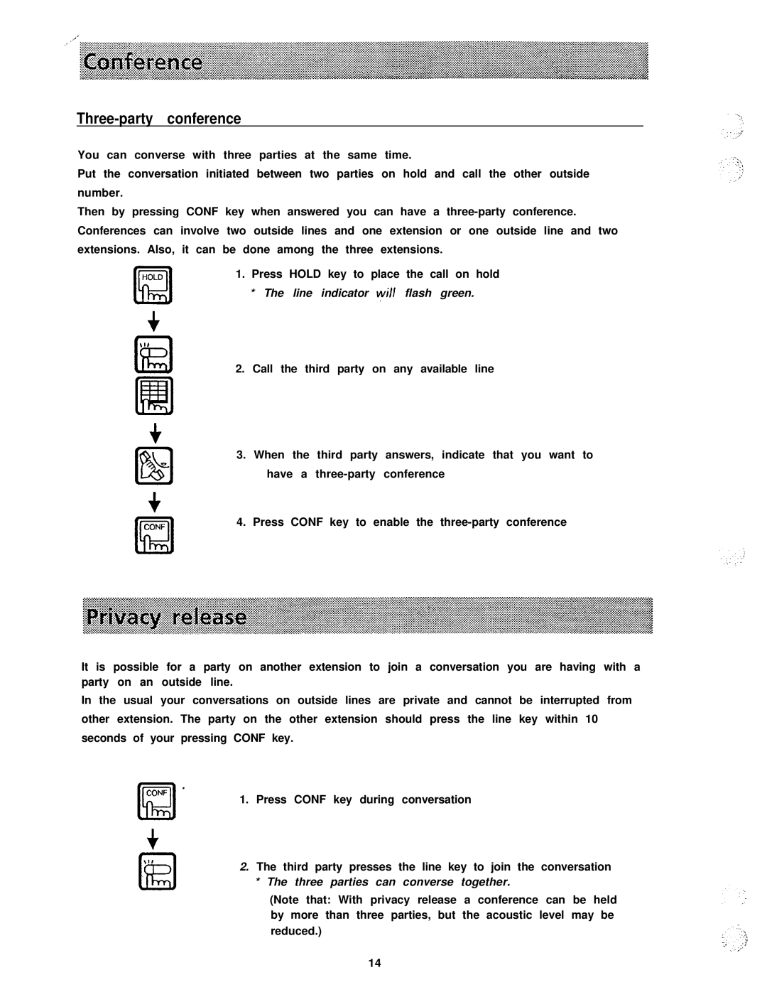 Panasonic VA-1232, VA-824, VA-30940D, VA-30920, VA-30910, VA-30941D Three-party conference, Line indicator will flash green 