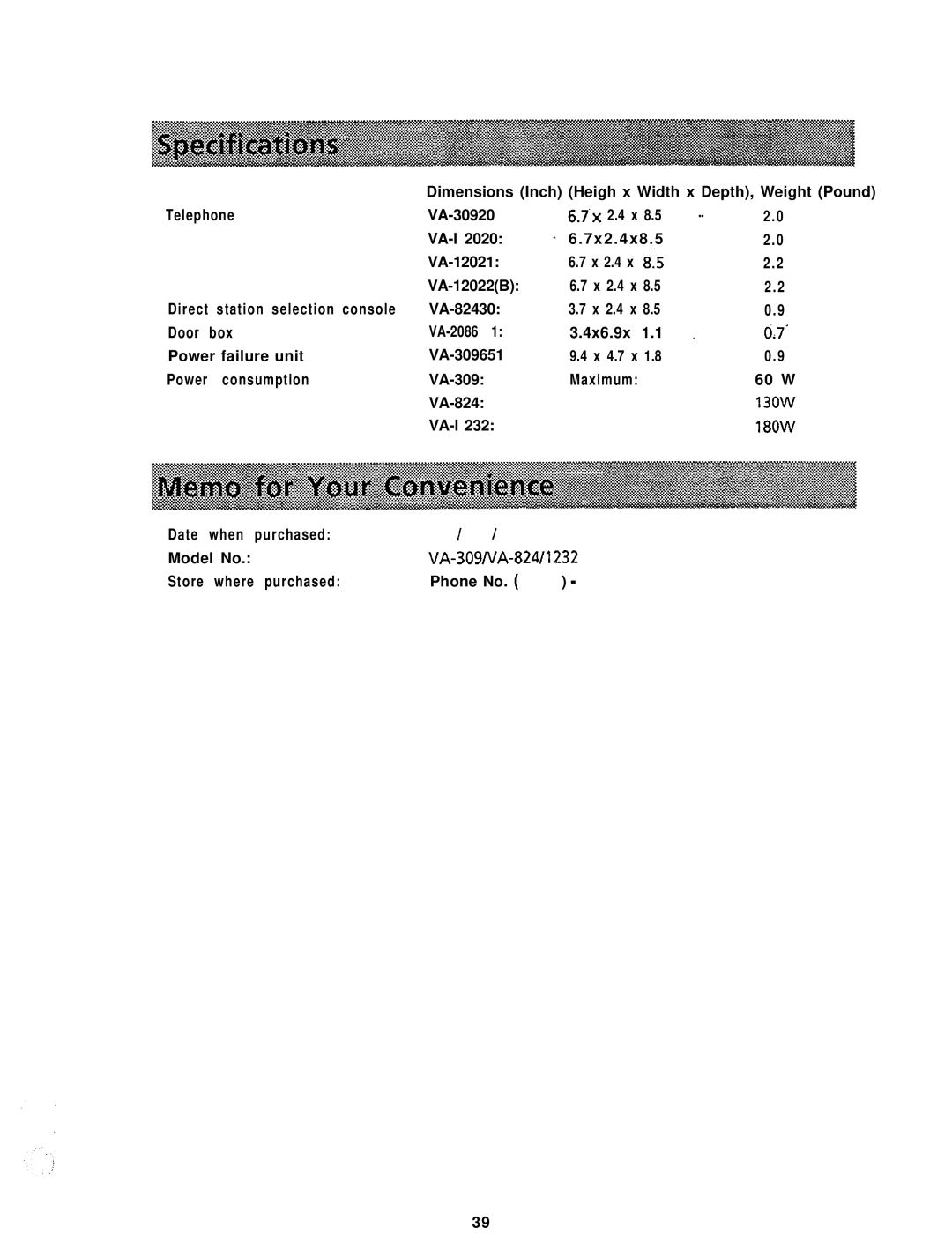 Panasonic VA-30942D, VA-824, VA-30940D, VA-30920, VA-30910, VA-30941D manual Dimensions Inch Heigh x Width x Depth, Weight Pound 