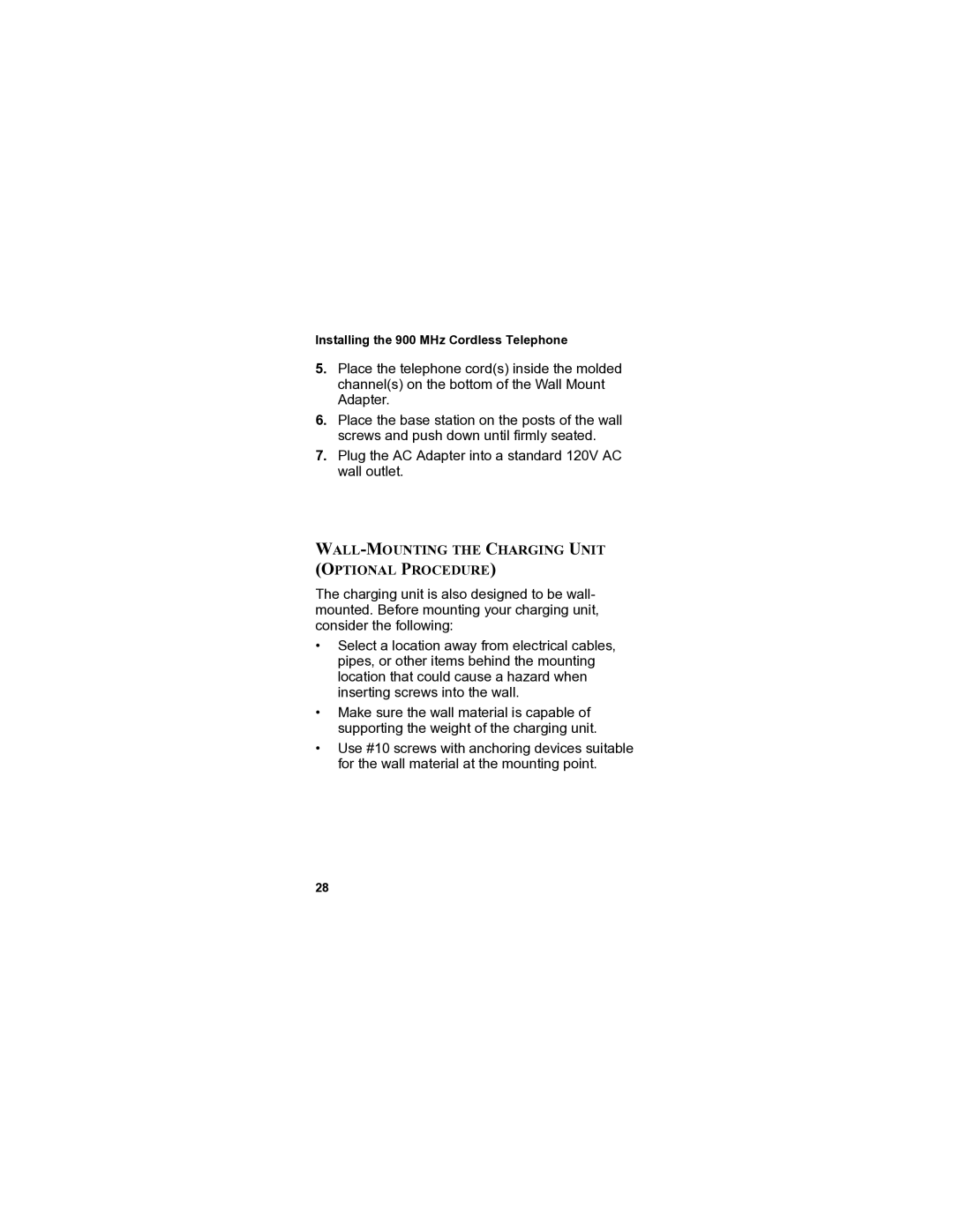 Panasonic VB-44240A manual WALL-MOUNTING the Charging Unit Optional Procedure 