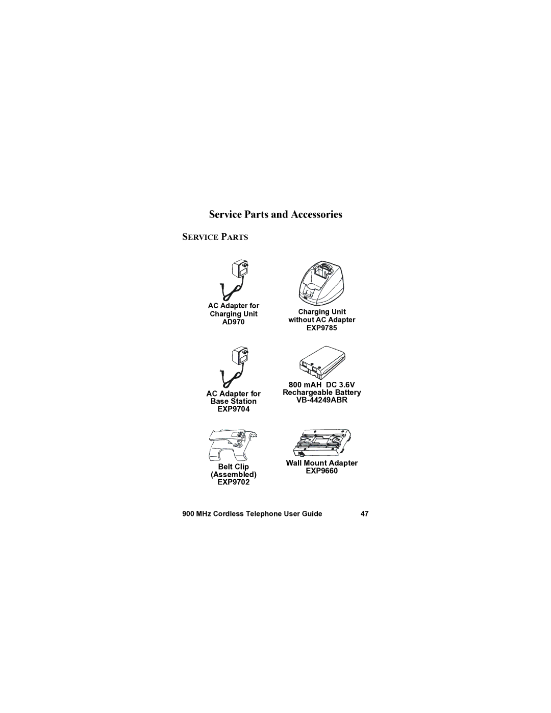 Panasonic VB-44240A manual Service Parts and Accessories 