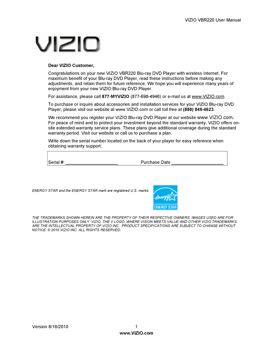 Panasonic VBR220 user manual Dear Vizio Customer 