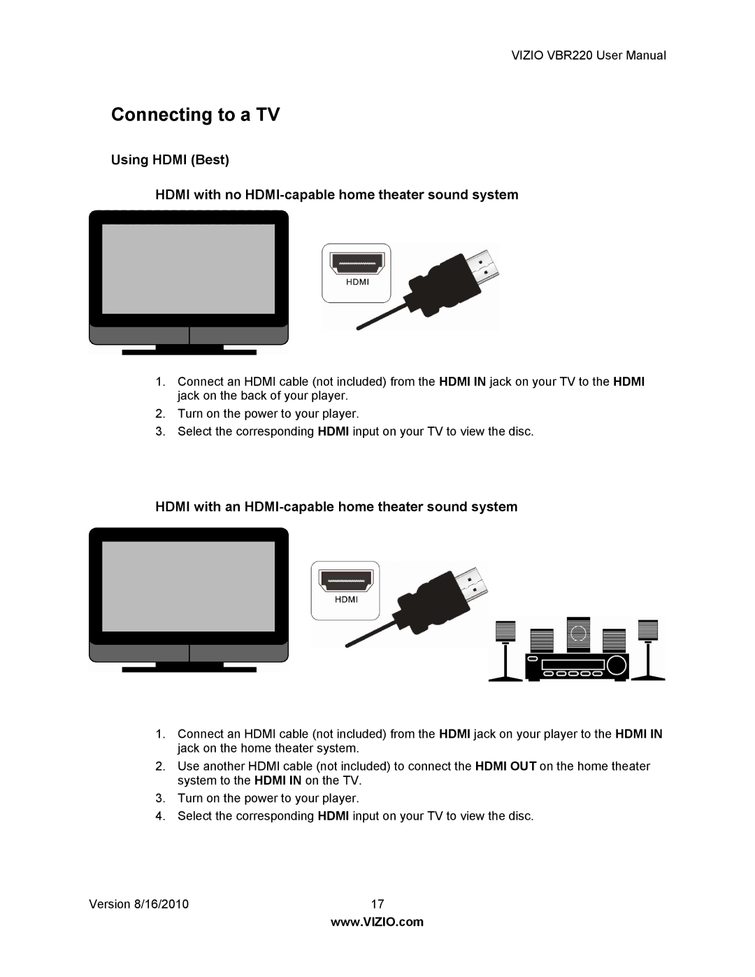 Panasonic VBR220 user manual Connecting to a TV, Hdmi with an HDMI-capable home theater sound system 