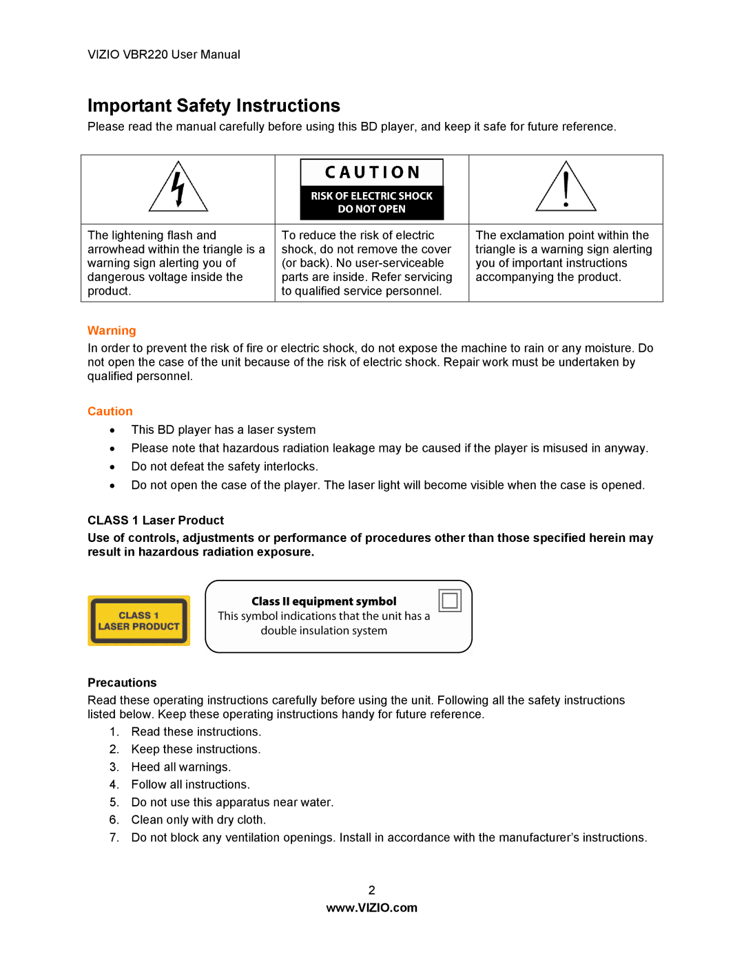 Panasonic VBR220 user manual Important Safety Instructions 