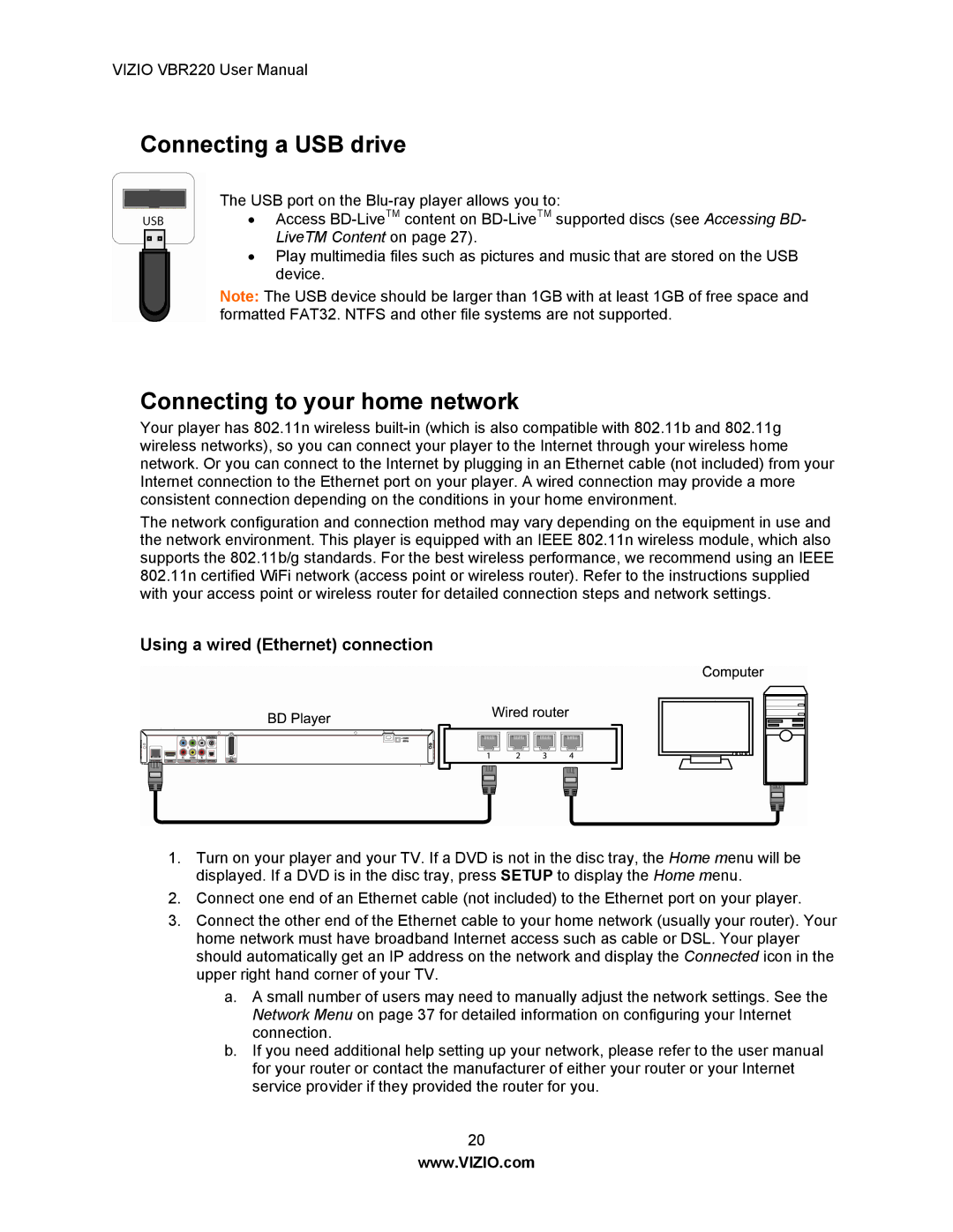 Panasonic VBR220 user manual Connecting a USB drive, Connecting to your home network, Using a wired Ethernet connection 