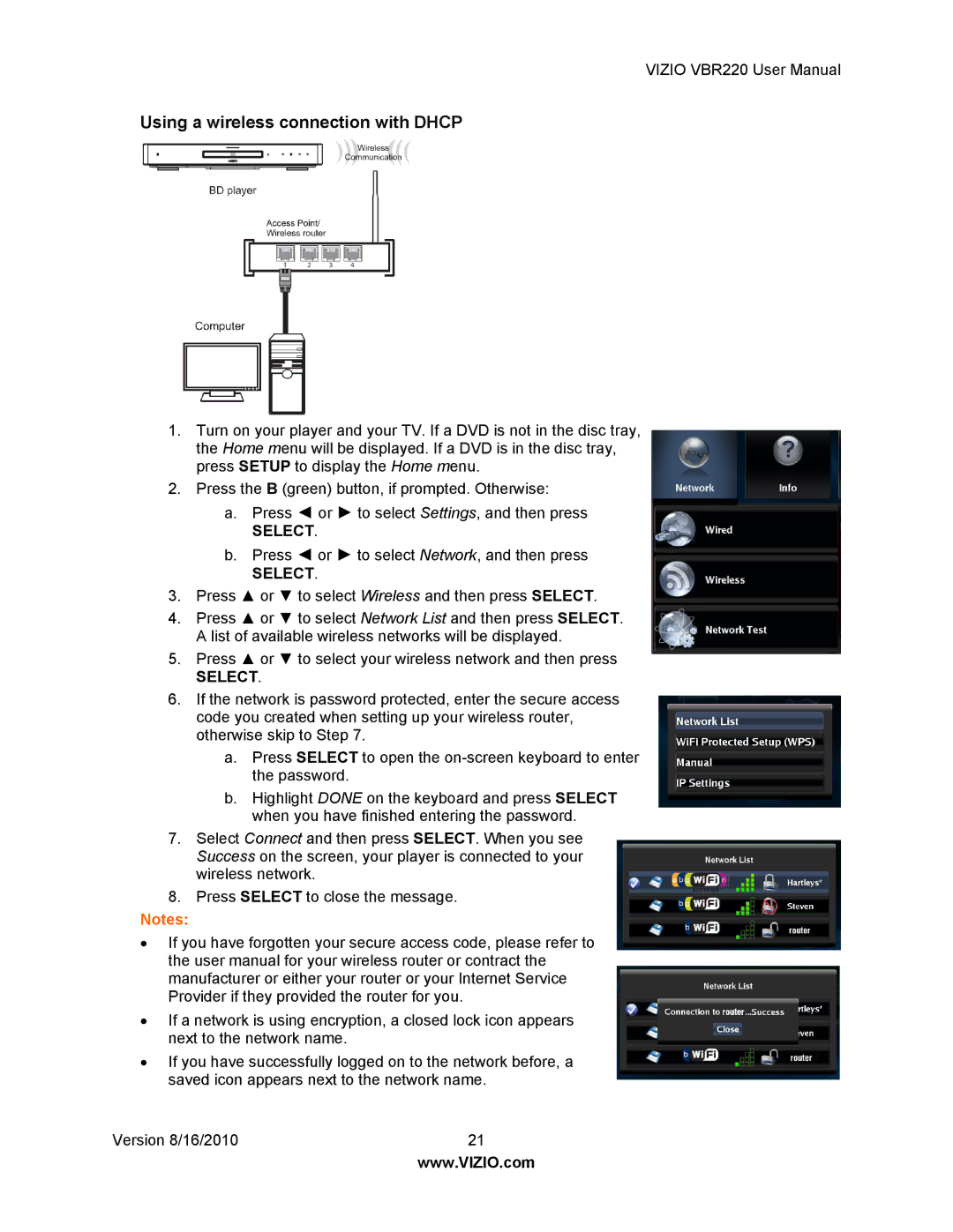 Panasonic VBR220 user manual Using a wireless connection with Dhcp 