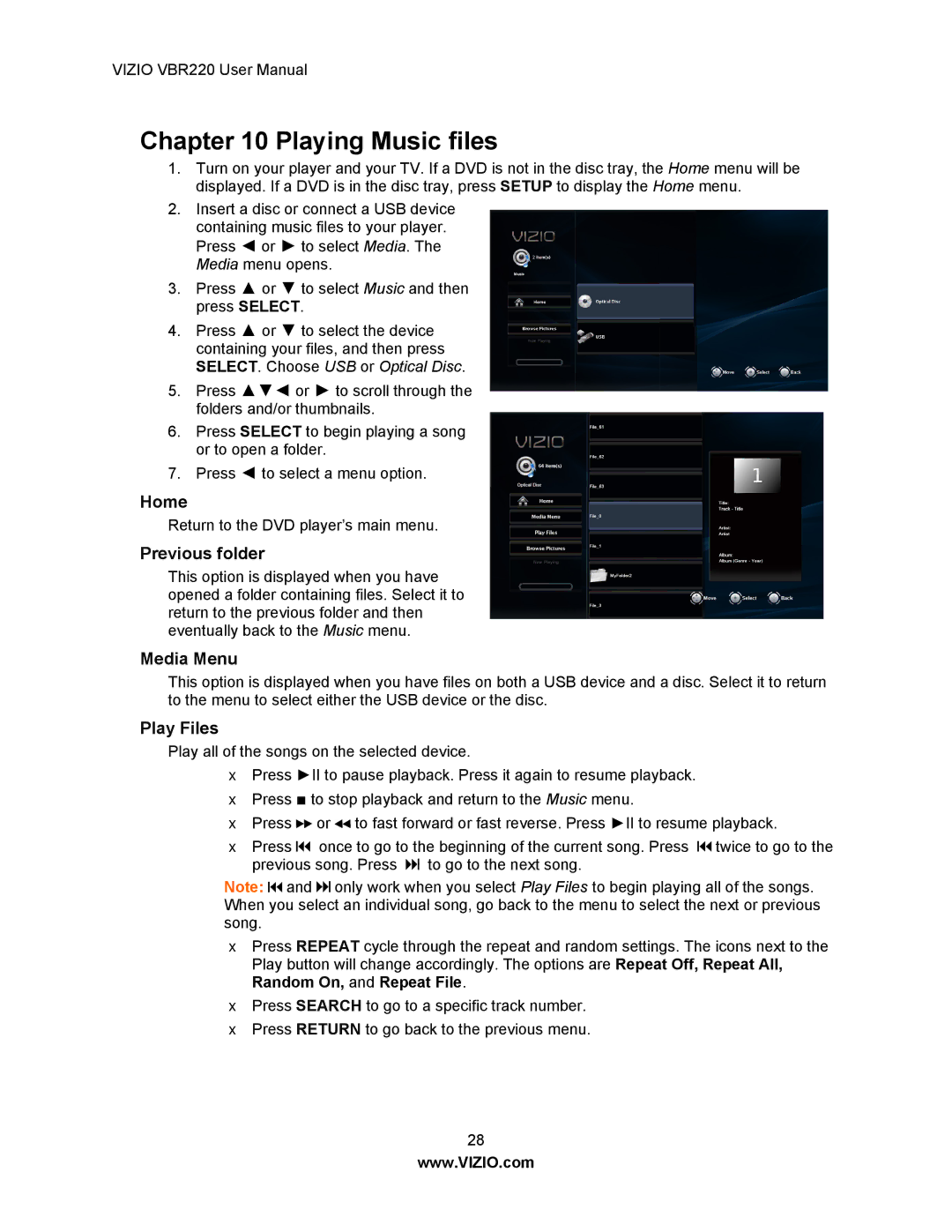 Panasonic VBR220 user manual Playing Music files, Home, Previous folder, Media Menu, Play Files 