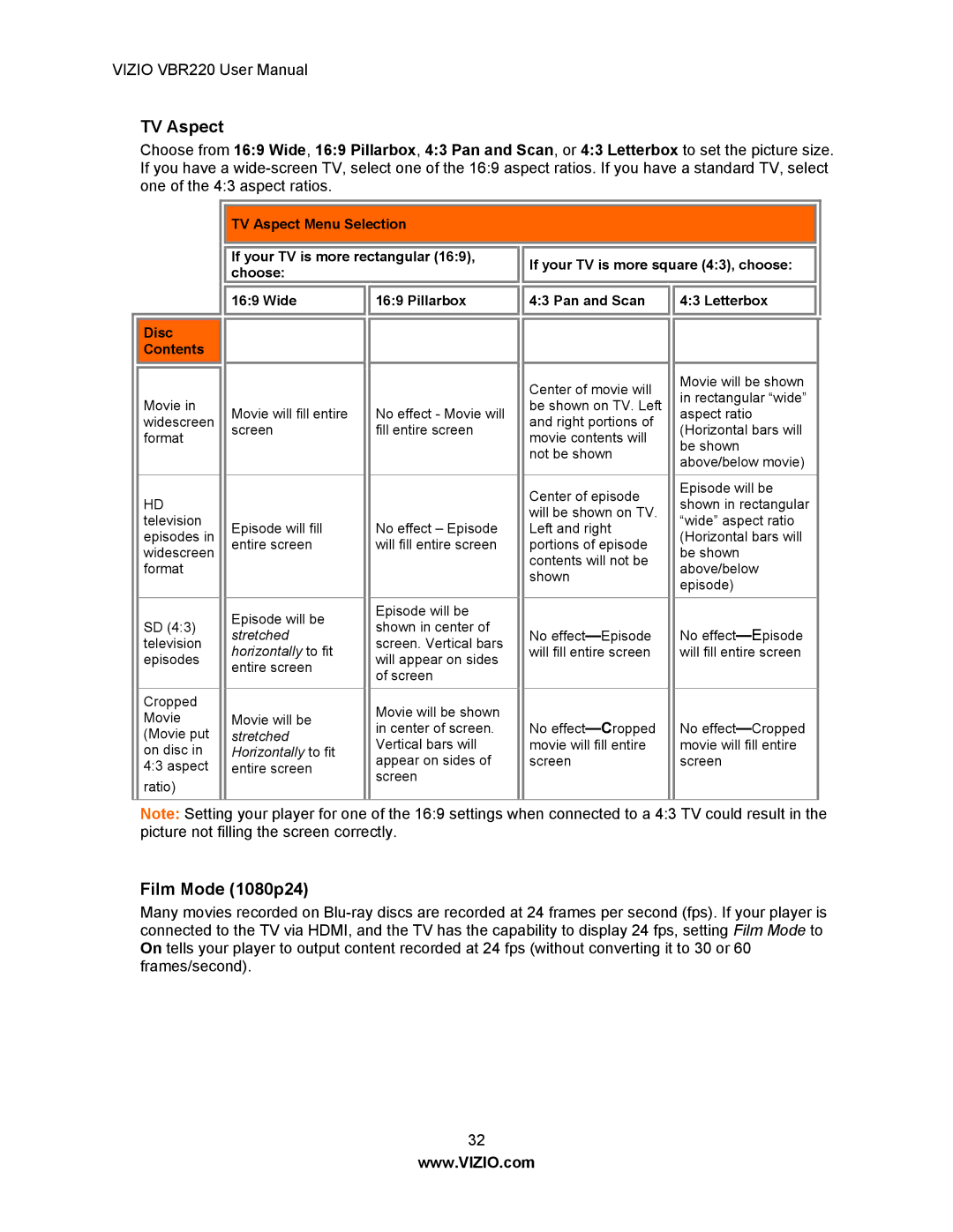 Panasonic VBR220 user manual TV Aspect, Film Mode 1080p24 