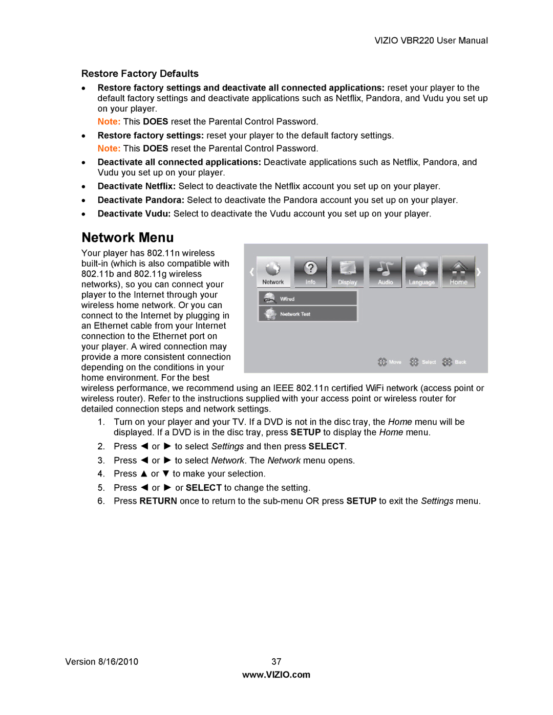 Panasonic VBR220 user manual Network Menu, Restore Factory Defaults 