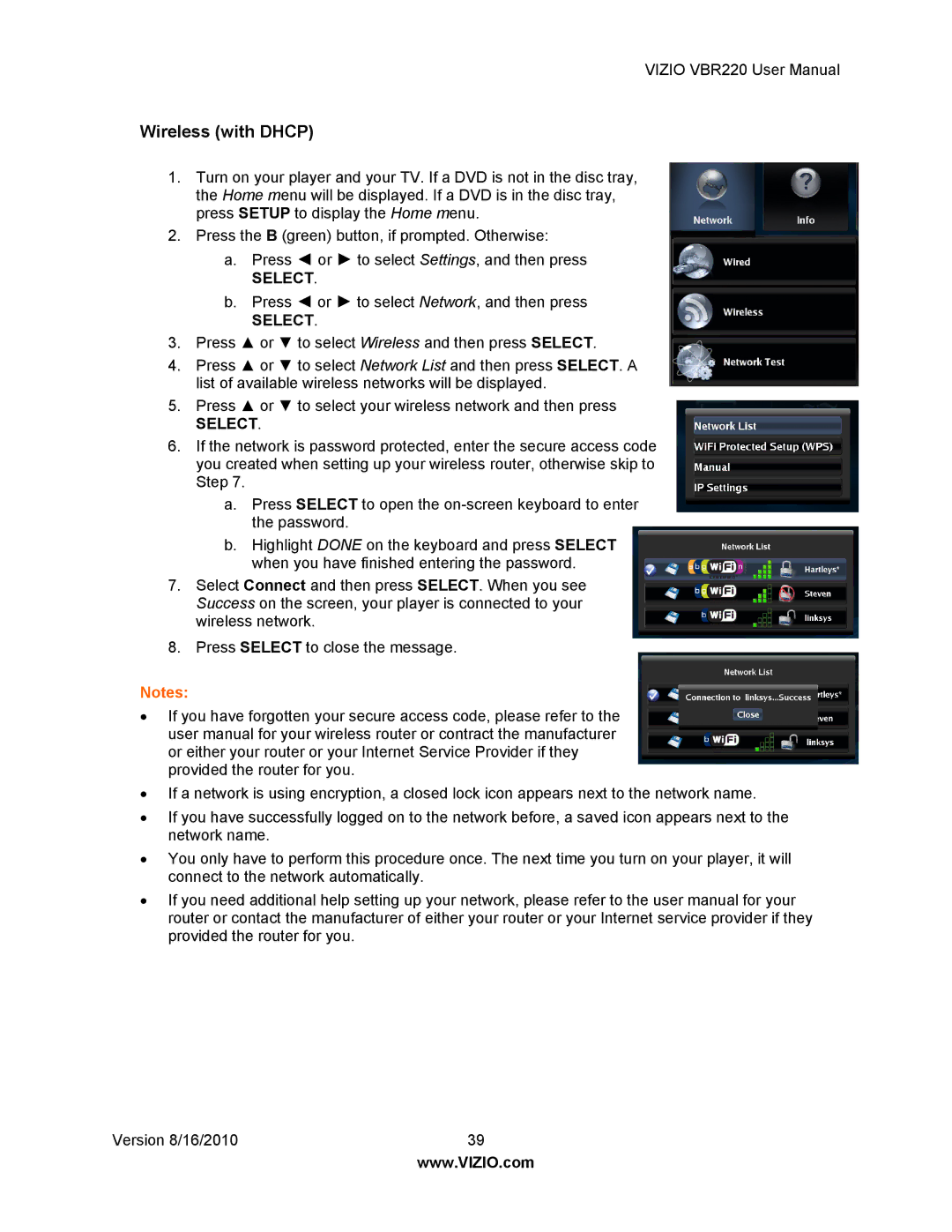 Panasonic VBR220 user manual Wireless with Dhcp 