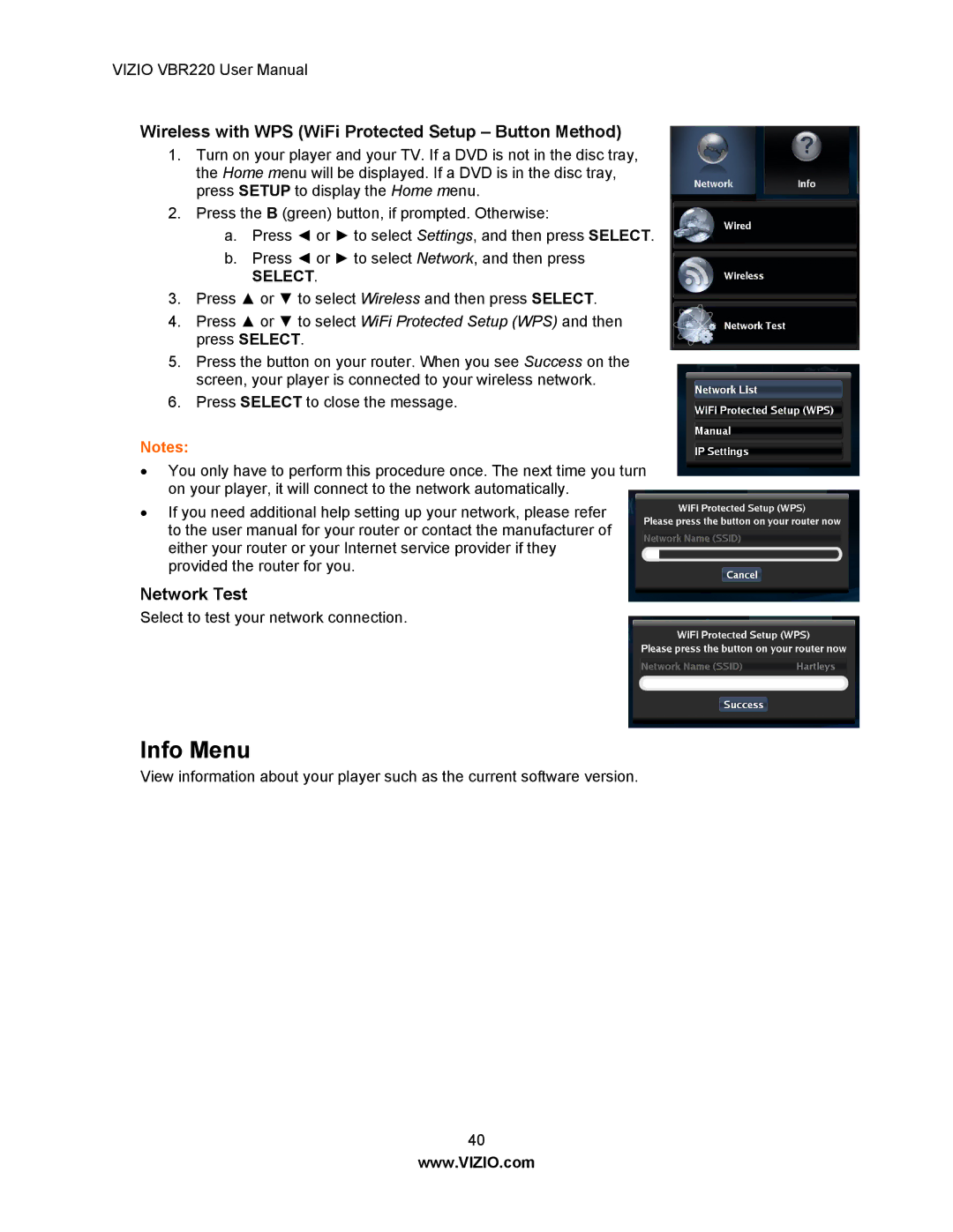 Panasonic VBR220 user manual Info Menu, Wireless with WPS WiFi Protected Setup Button Method, Network Test 