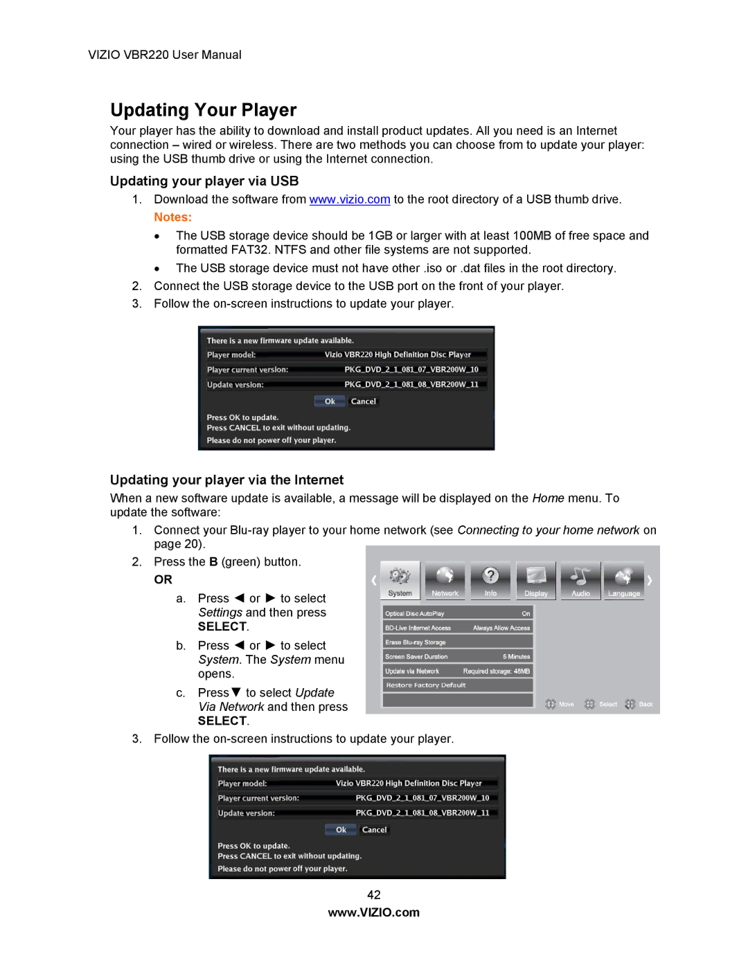 Panasonic VBR220 user manual Updating Your Player, Updating your player via USB, Updating your player via the Internet 