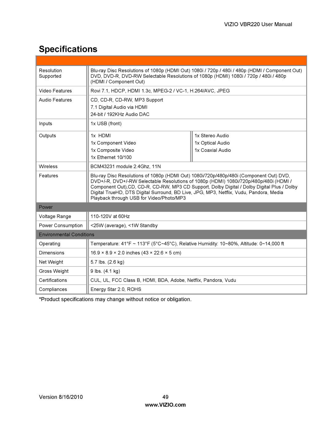 Panasonic VBR220 user manual Specifications 