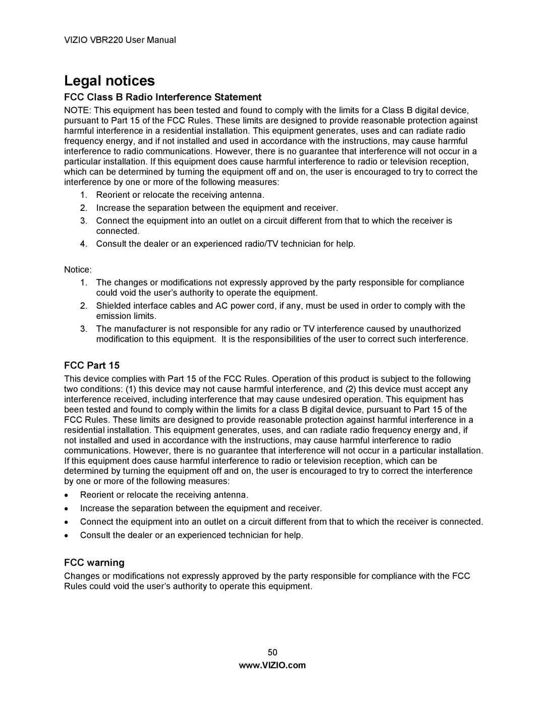 Panasonic VBR220 user manual Legal notices, FCC Class B Radio Interference Statement, FCC Part, FCC warning 