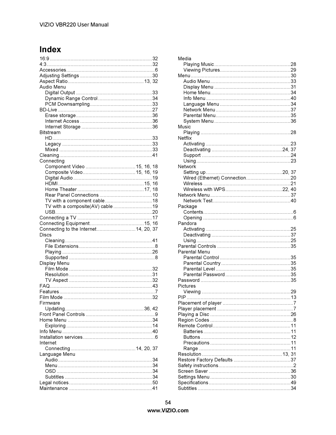 Panasonic VBR220 user manual Index, Aspect Ratio Audio Menu 