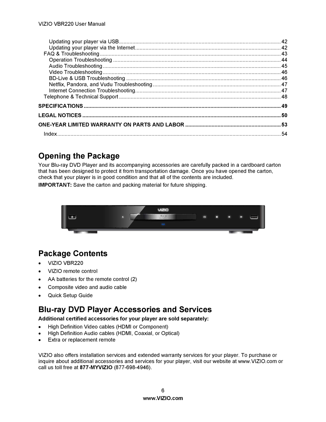 Panasonic VBR220 user manual Opening the Package, Package Contents, Blu-ray DVD Player Accessories and Services 