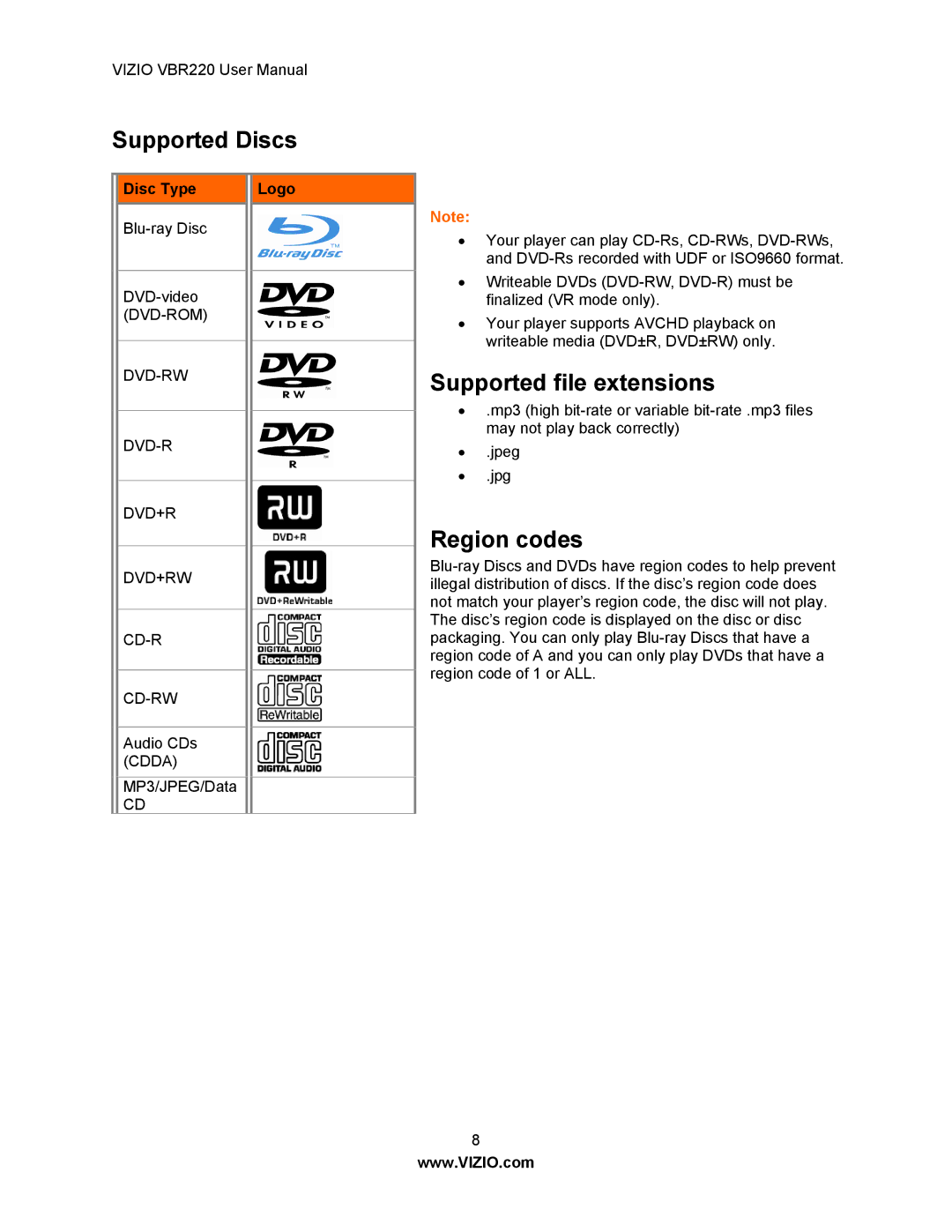 Panasonic VBR220 user manual Supported Discs, Supported file extensions, Region codes 