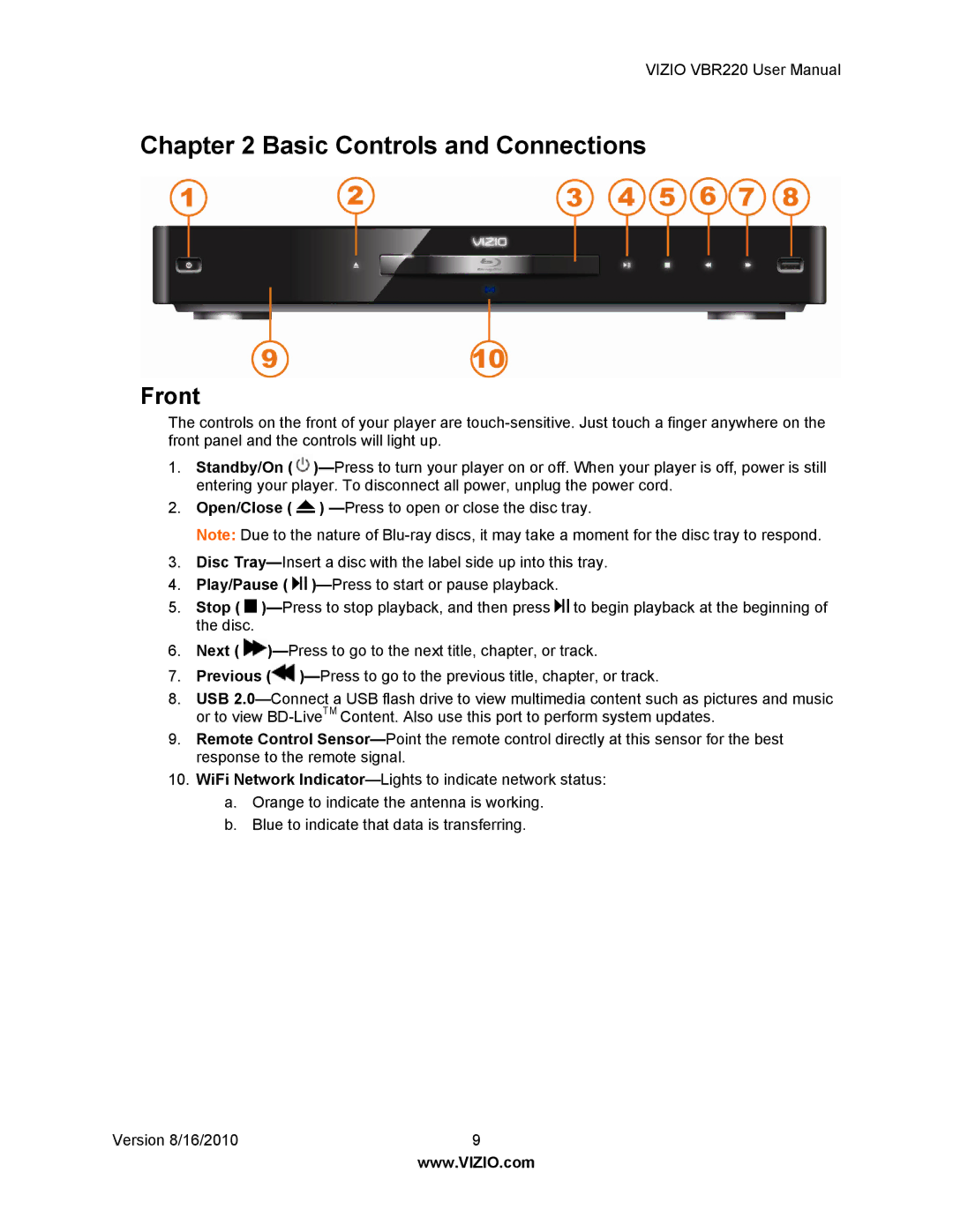 Panasonic VBR220 user manual Basic Controls and Connections, Front 