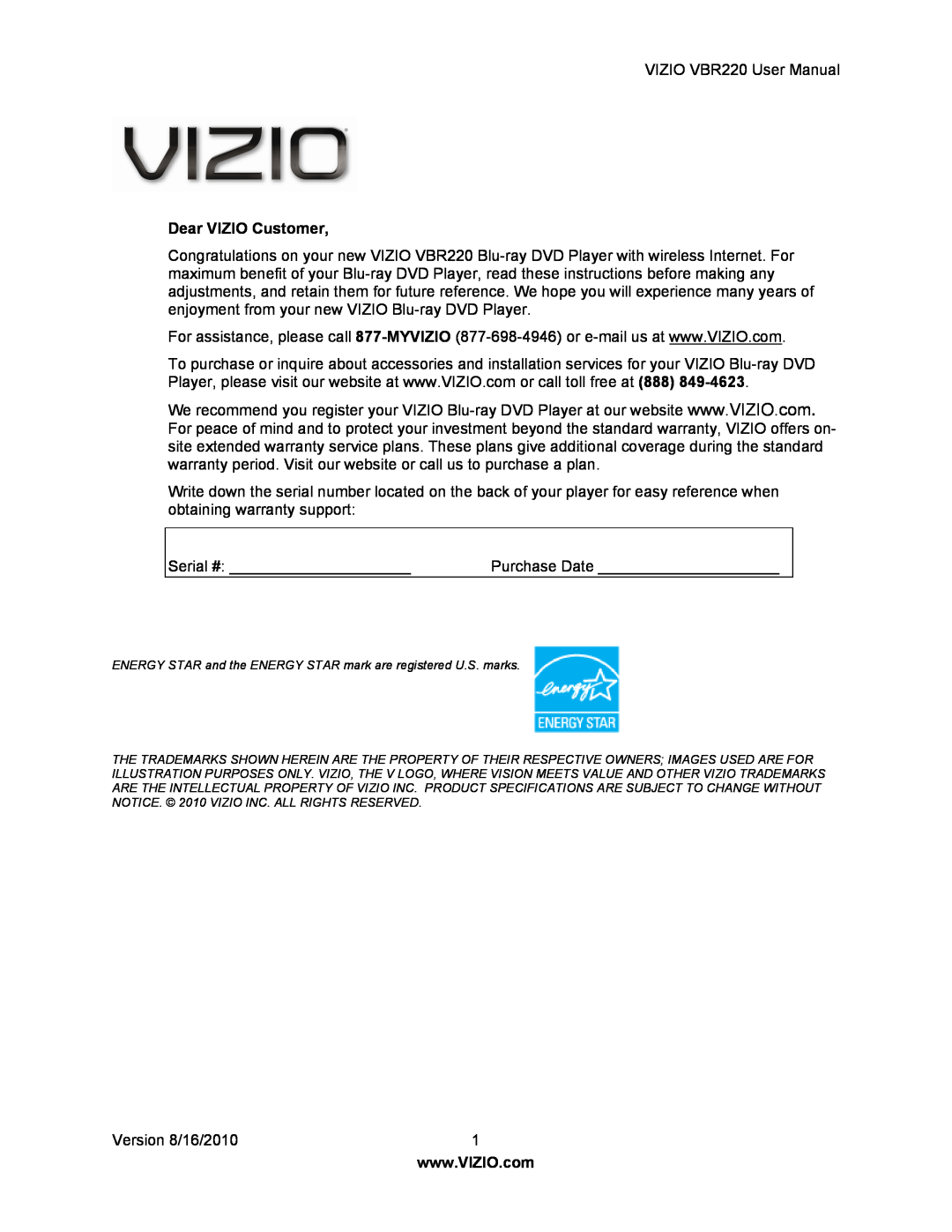 Panasonic VBR220 user manual Dear VIZIO Customer 