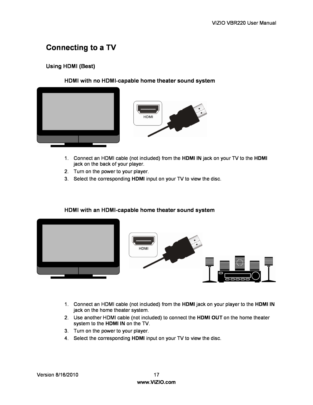 Panasonic VBR220 user manual Connecting to a TV, Using HDMI Best HDMI with no HDMI-capable home theater sound system 