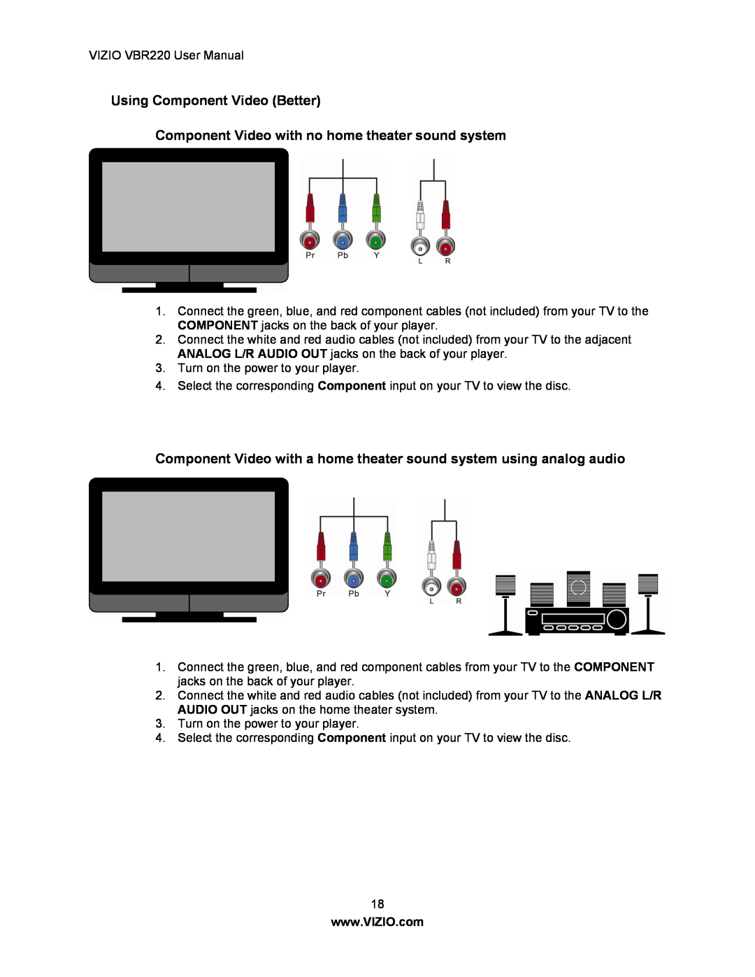 Panasonic VBR220 user manual Using Component Video Better, Component Video with no home theater sound system 