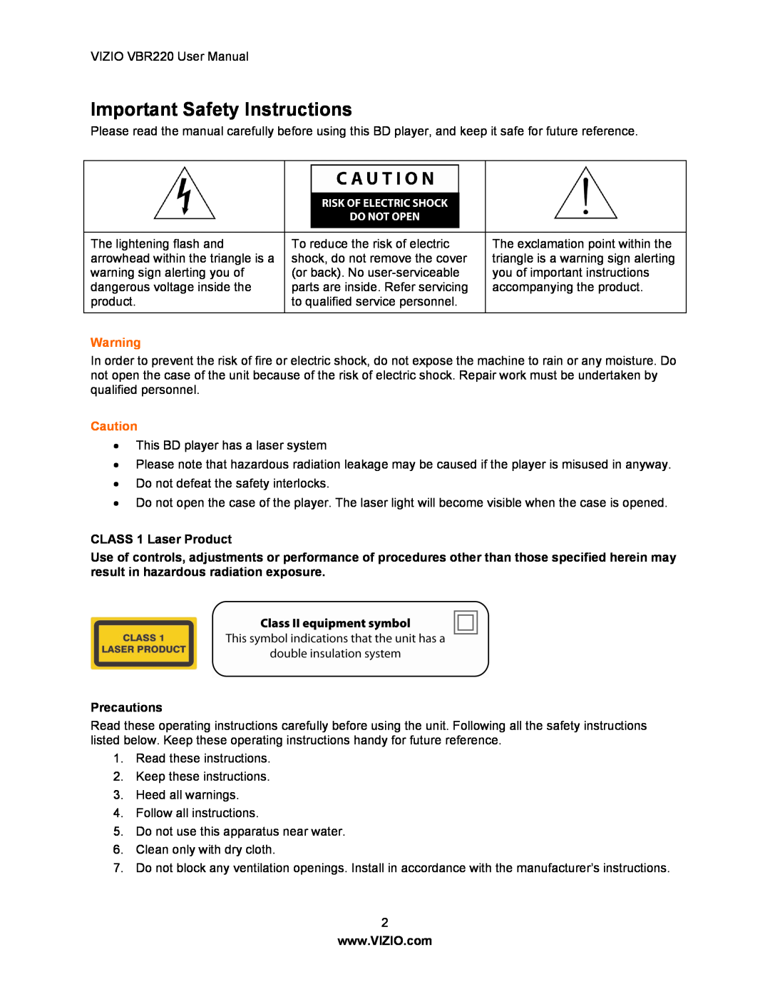 Panasonic VBR220 user manual Important Safety Instructions, CLASS 1 Laser Product, Precautions 