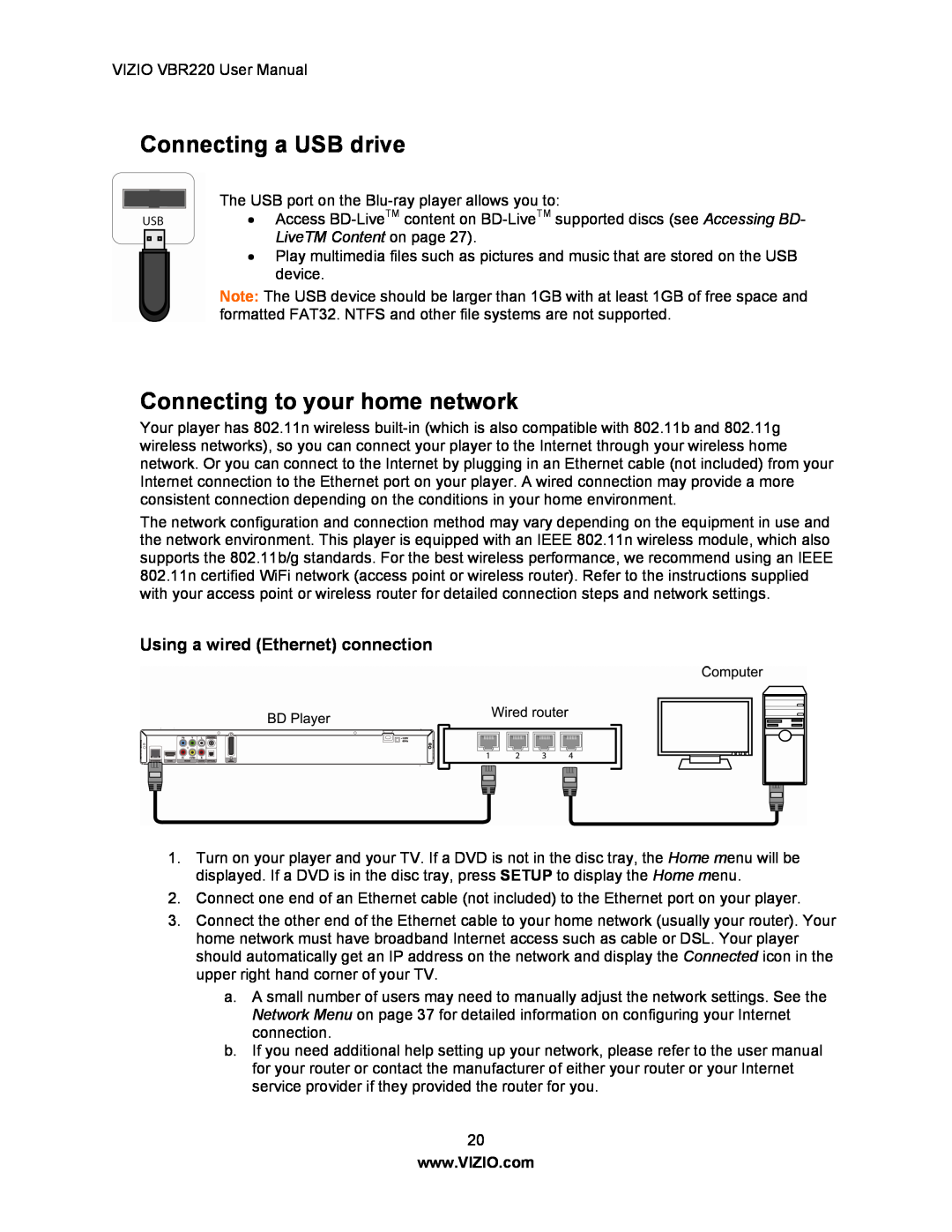 Panasonic VBR220 user manual Connecting a USB drive, Connecting to your home network, Using a wired Ethernet connection 