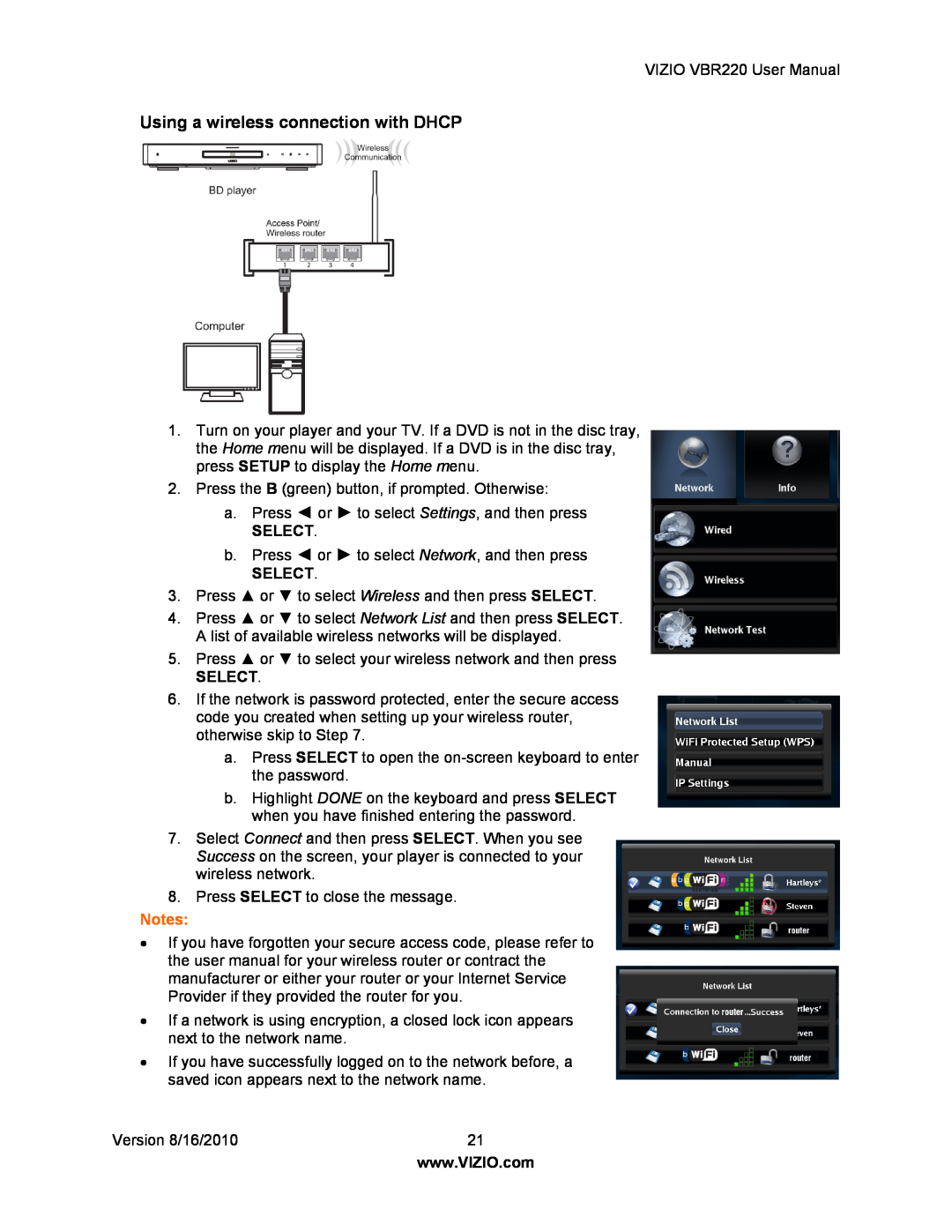 Panasonic VBR220 user manual Using a wireless connection with DHCP, Select 