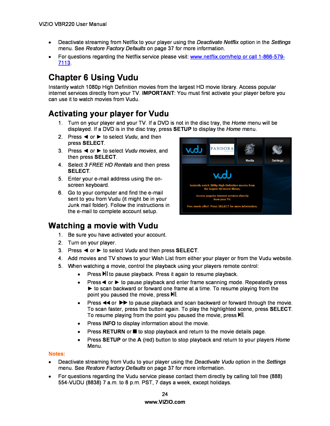 Panasonic VBR220 user manual Using Vudu, Activating your player for Vudu, Watching a movie with Vudu, Select 