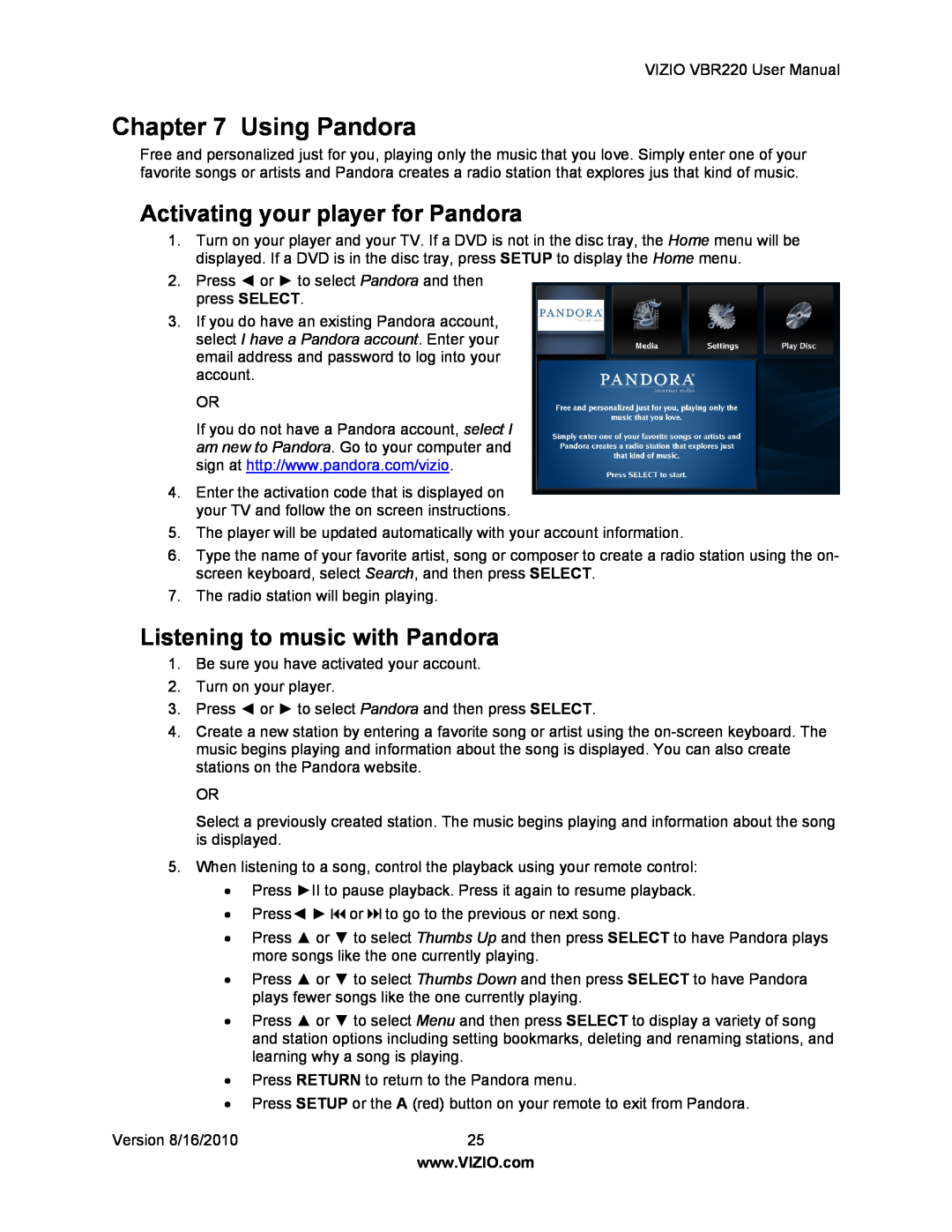 Panasonic VBR220 user manual Using Pandora, Activating your player for Pandora, Listening to music with Pandora 