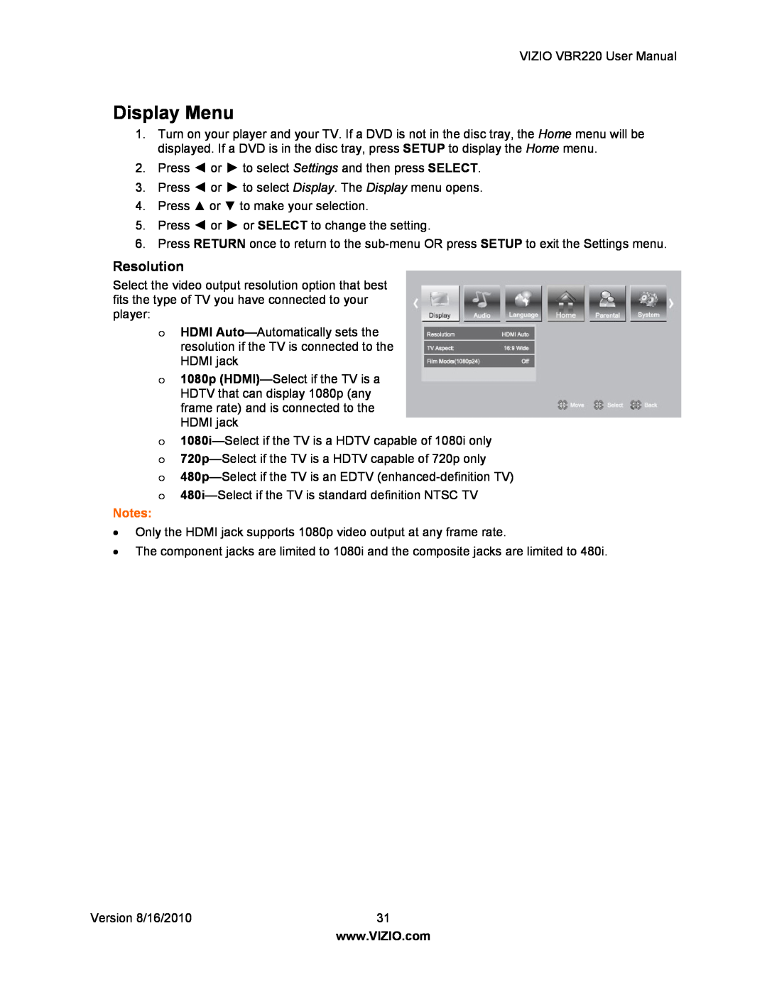 Panasonic VBR220 user manual Display Menu, Resolution 
